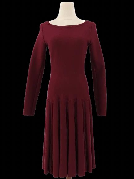 NEW Alaia Burgundy Wool Long Sleeve Dress with Pleated Skirt