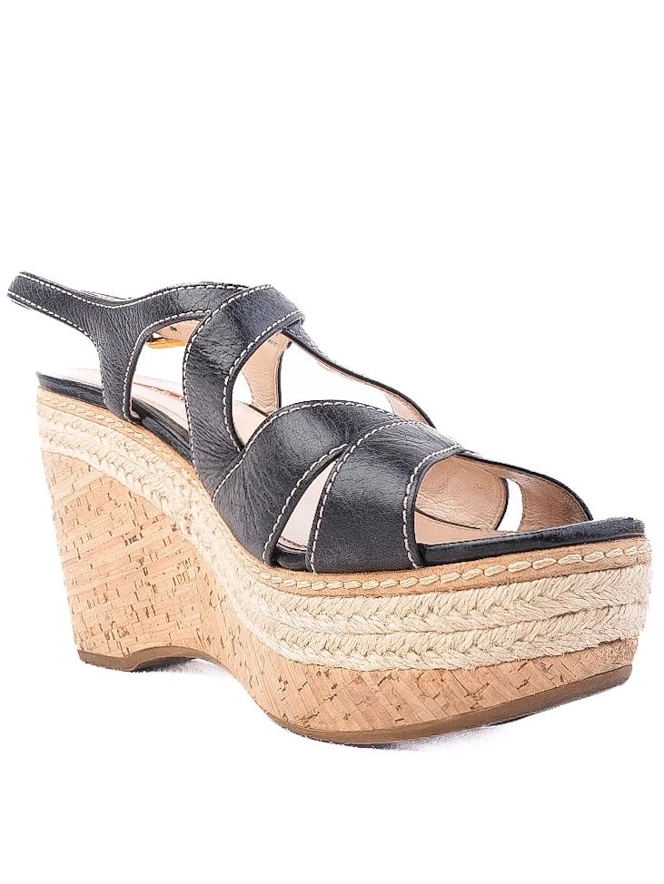 Excellent Prada Black Leather Wedge Sandals Size 38.5 with Cork Platform