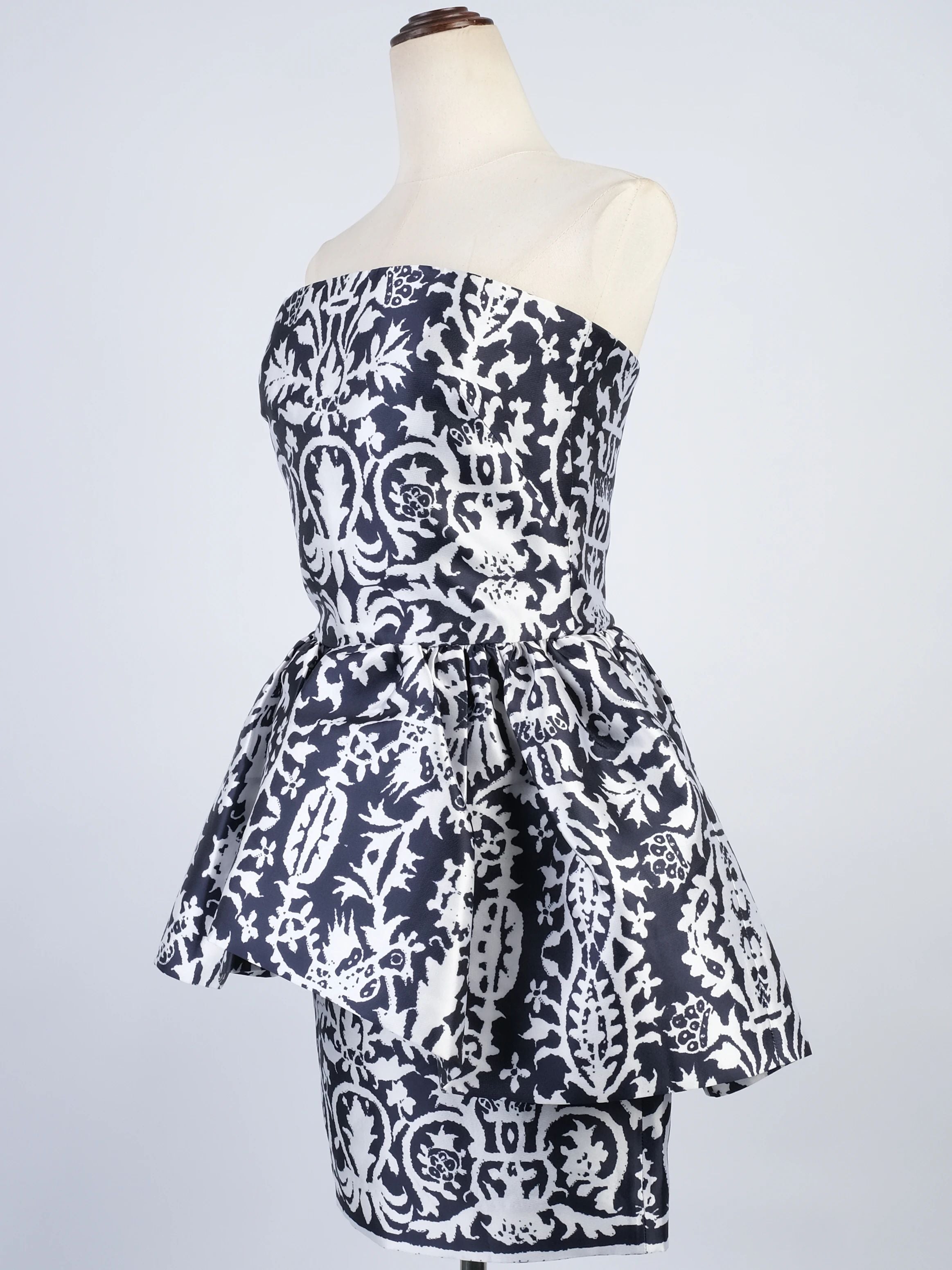 Martin Grant Paris Black & White Floral Silk Peplum Dress Size M