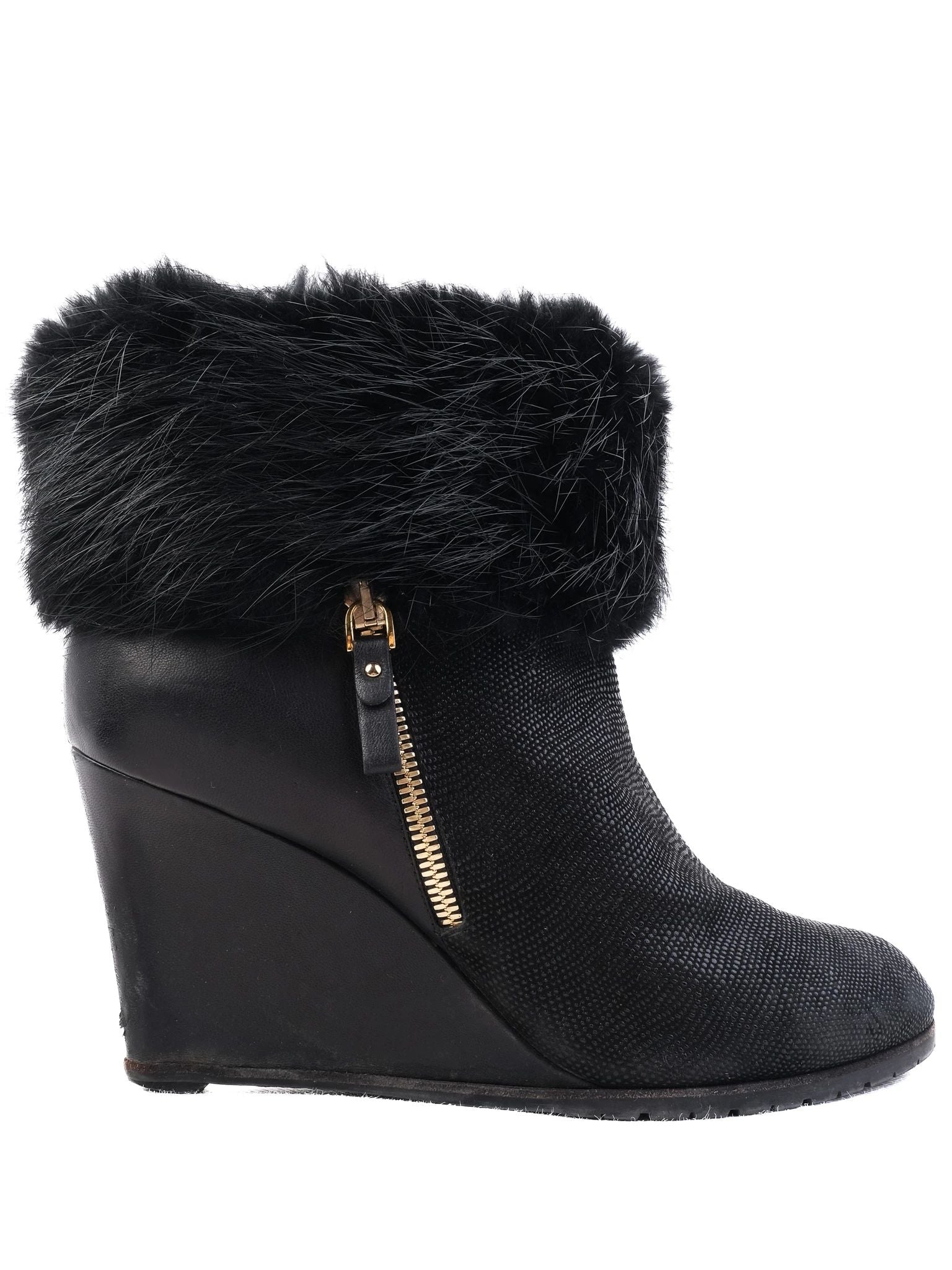 Excellent Sergio Rossi Black Leather Wedge Ankle Boots Size 38.5