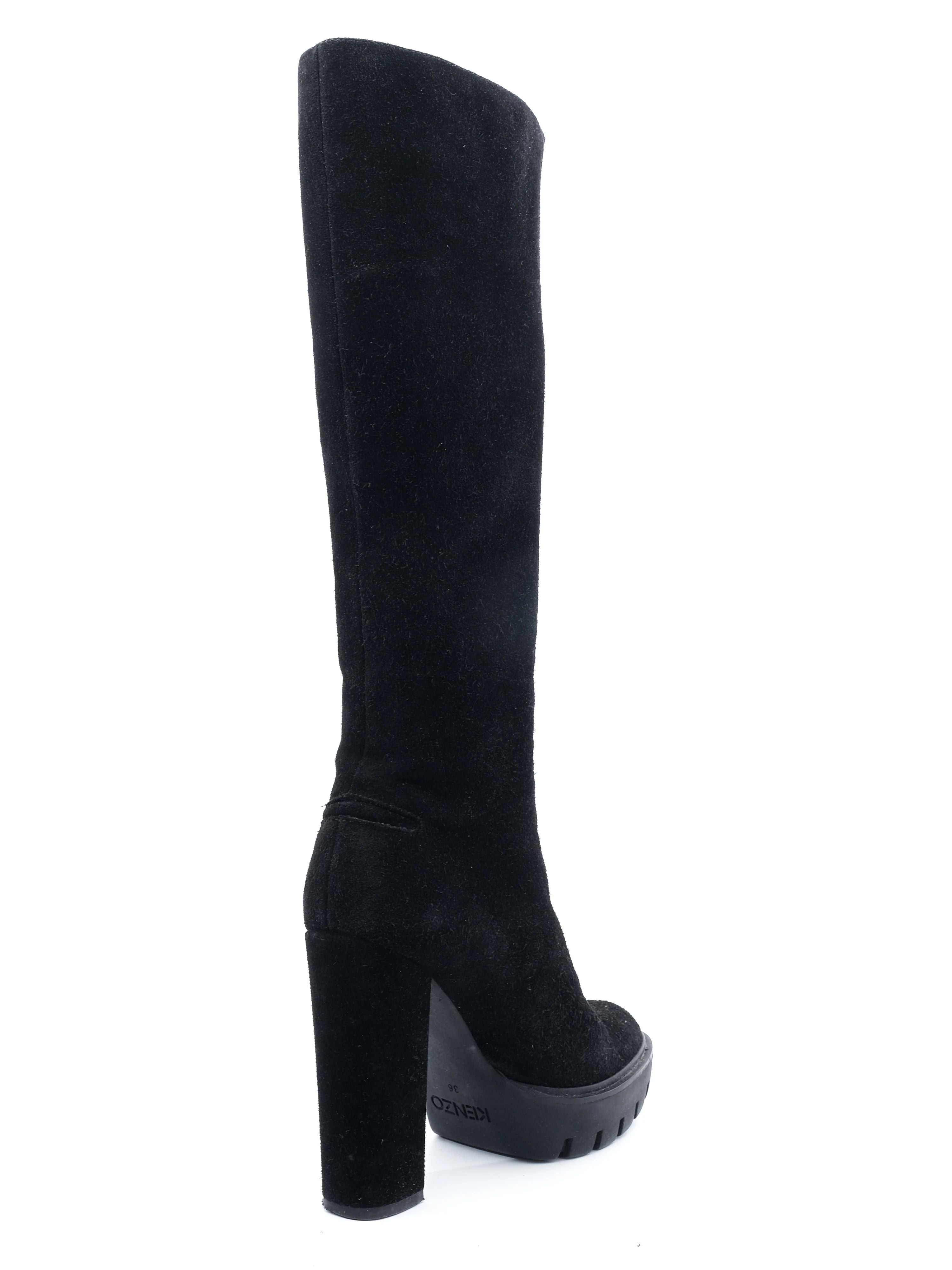 Perfect Kenzo Black Leather Knee-High Boots Size 36 with Block Heels