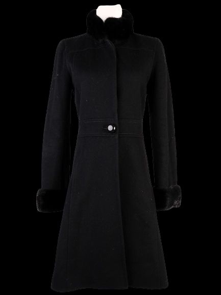 Perfect Celine Black Wool Coat with Fur Collar Size 38