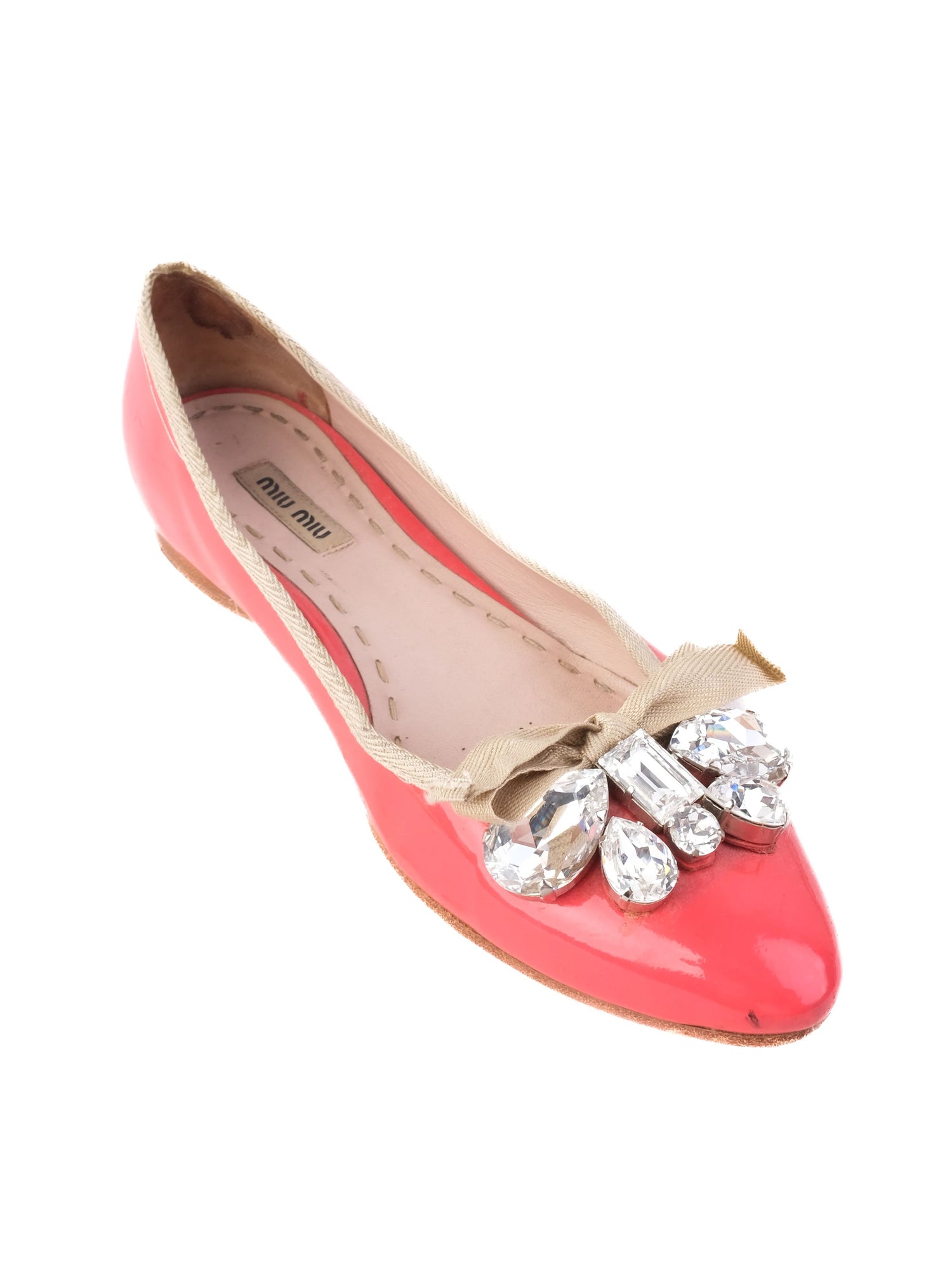 Excellent Miu Miu Pink Leather Ballet Flats Size 36.5 with Bow & Crystals