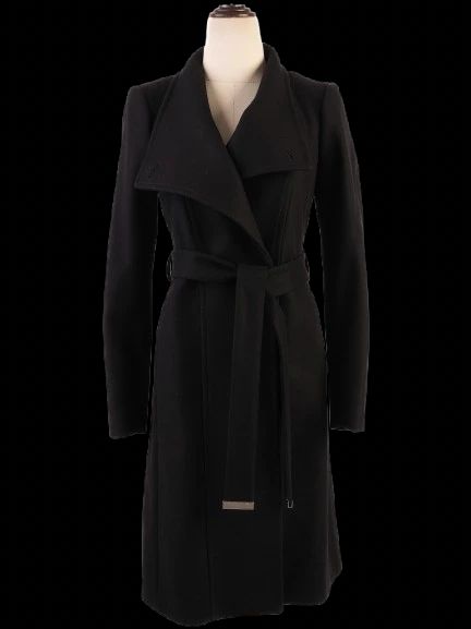 NEW Ted Baker Black Wool Coat XS with Lapel and Waist Tie