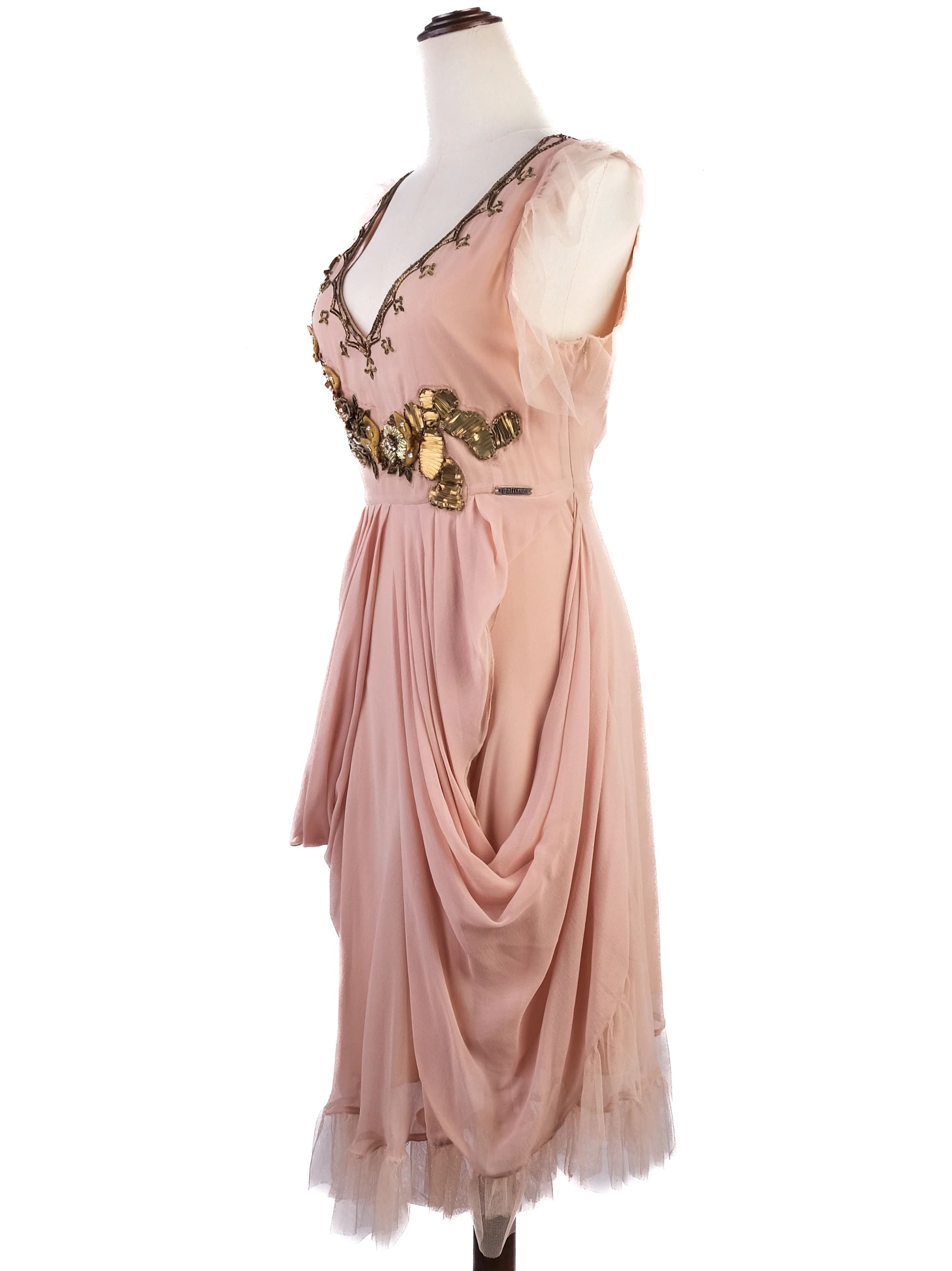 Excellent John Galliano White Silk Dress with Floral Embellishments