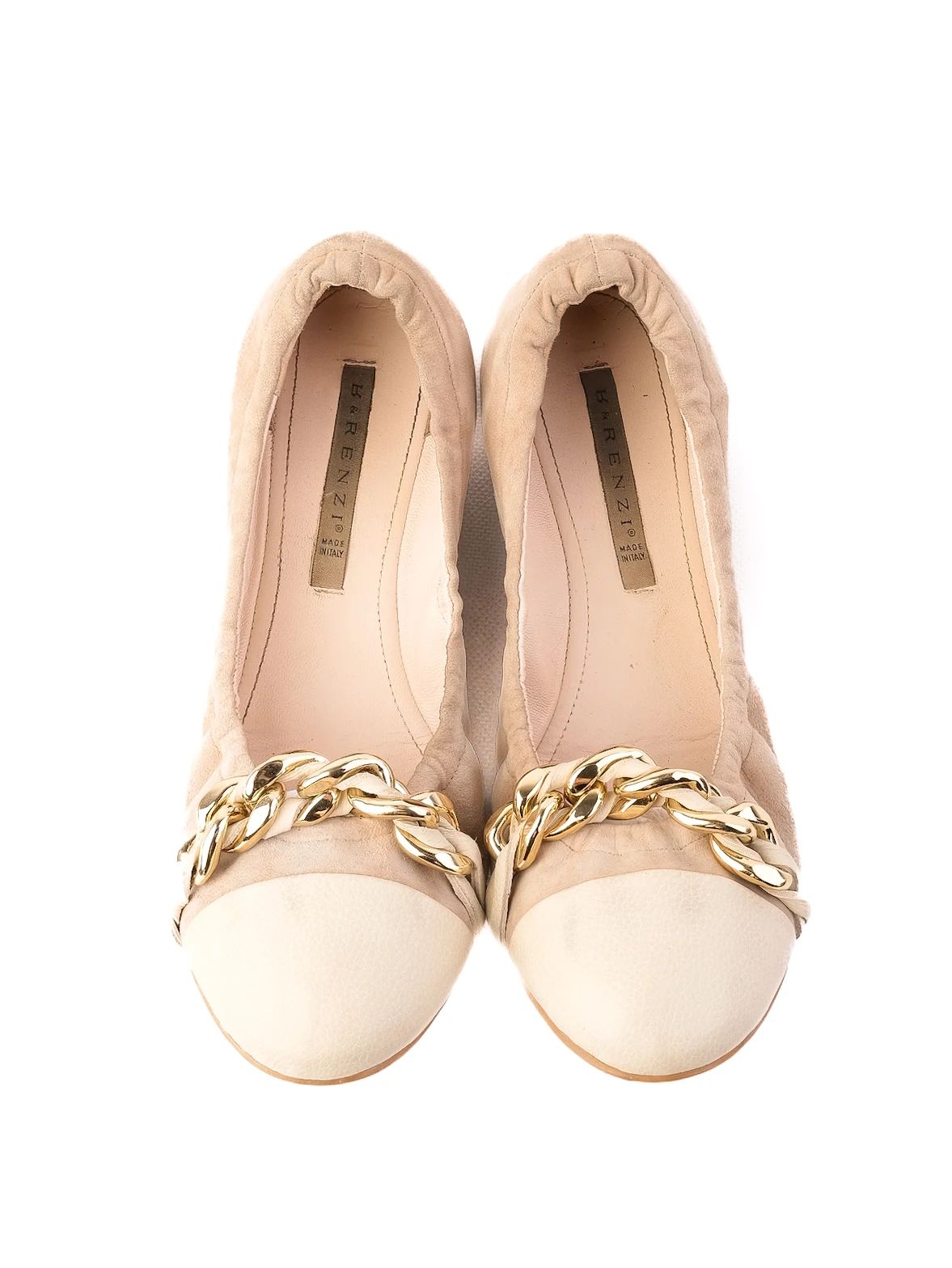 Excellent R&Renzi Ballet Flats White Fabric Size 38 with Gold Chain Detail