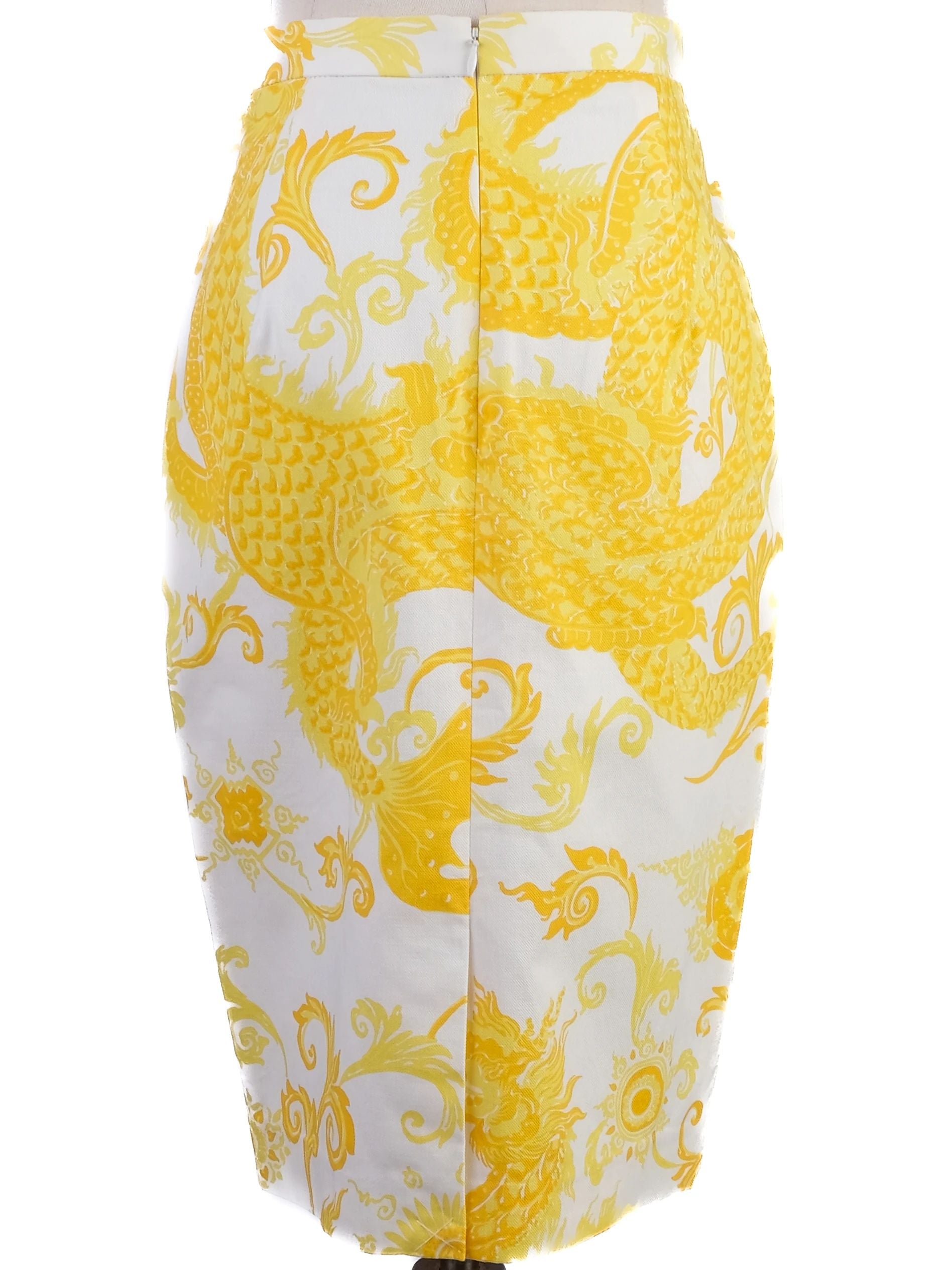 NEW By Malene Birger Yellow & White Pencil Skirt XS Dragon Pattern