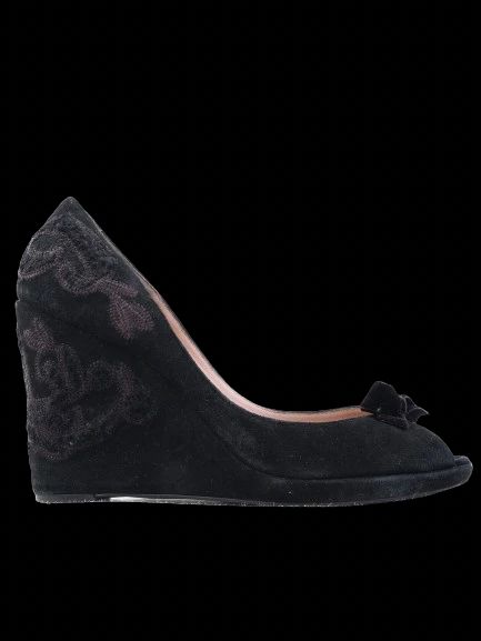 Excellent Oscar de la Renta Black Leather Wedge Heel Shoes Size 38
