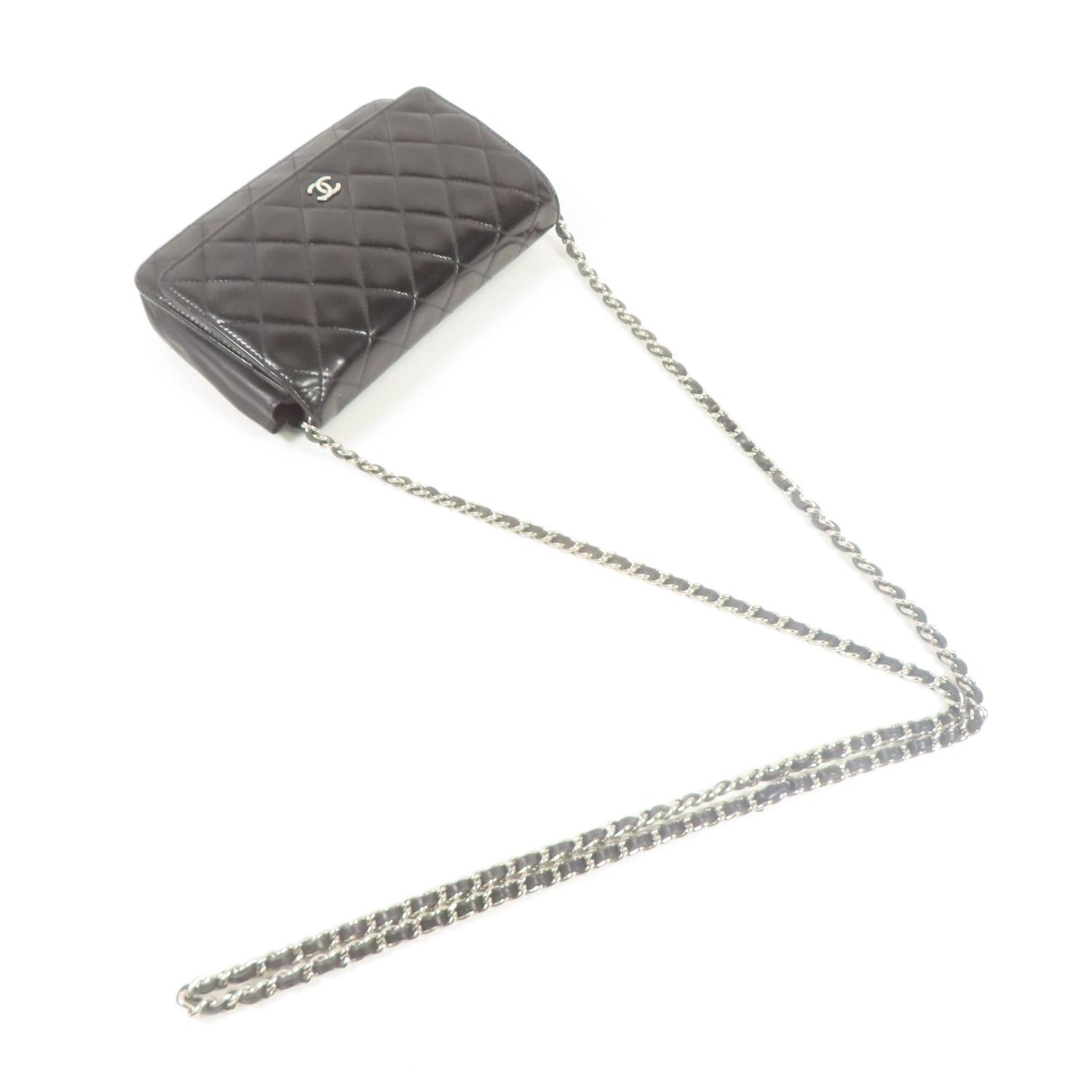 Chanel Black Lacquered Leather Woc Wallet On Chain Silver Cross Shoulder Back Bag Enamel