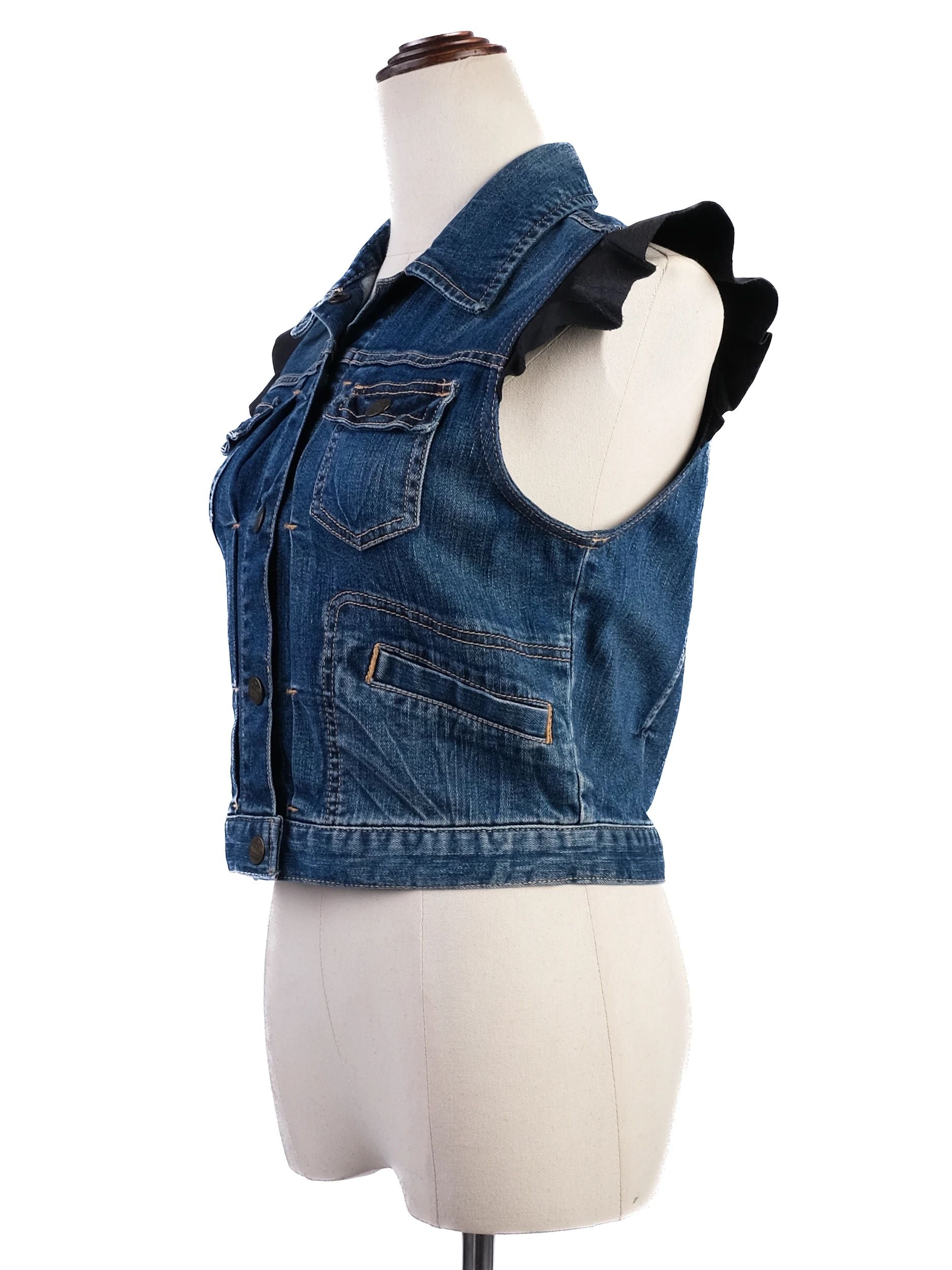 Excellent Juicy Couture Blue Denim Vest Size S with Ruffled Details