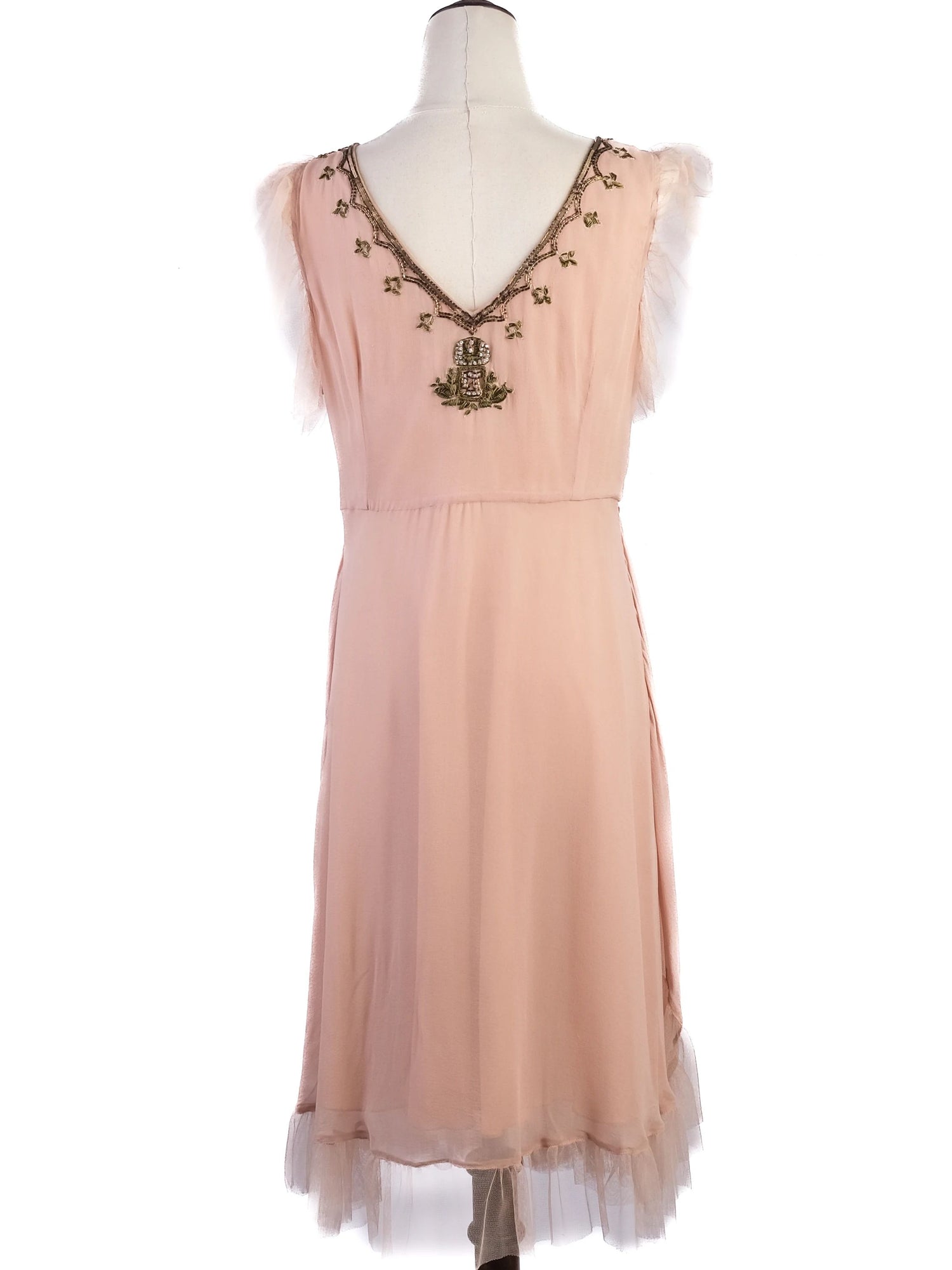 Excellent John Galliano White Silk Dress with Floral Embellishments