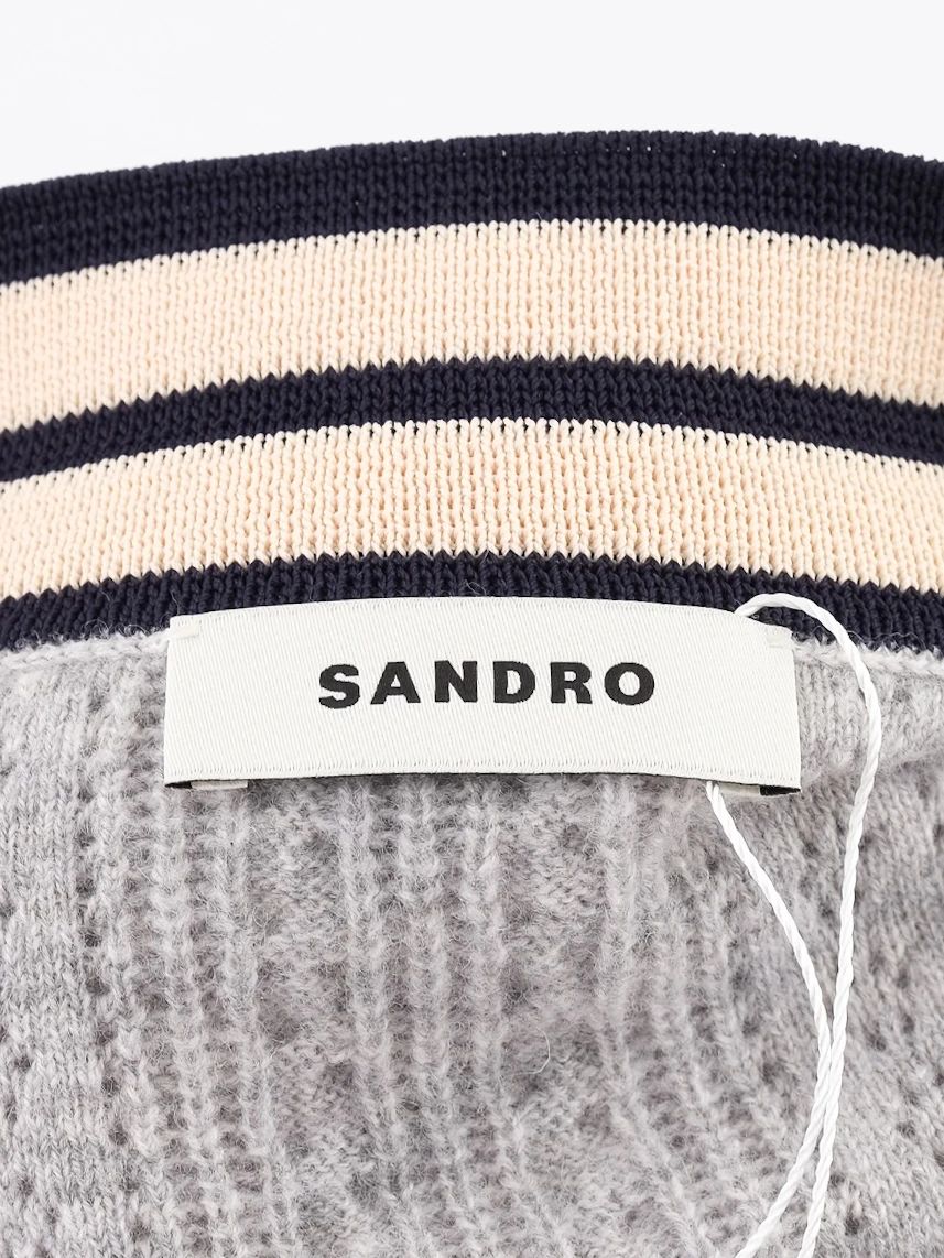 Excellent Sandro Gray Wool Cable-Knit Sweater Size S with V-Neck