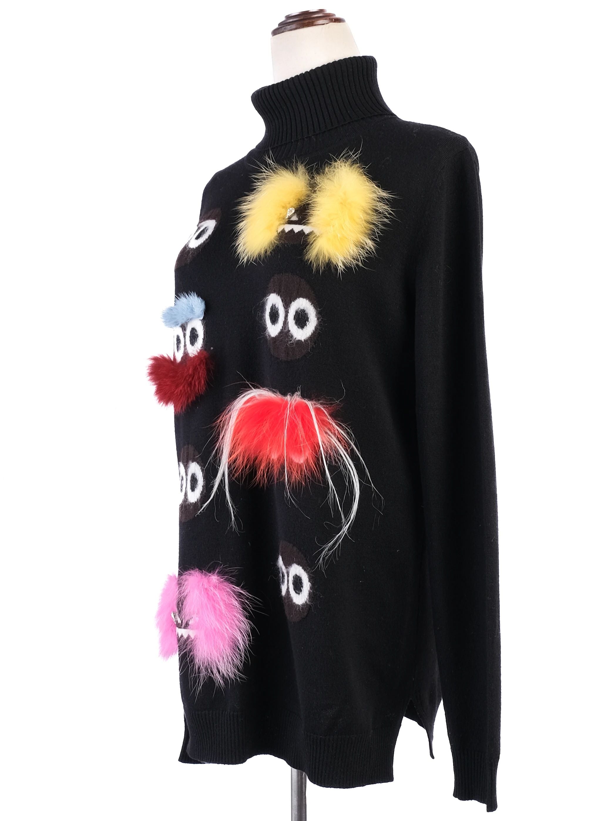 Fendi Black Wool Turtleneck Sweater M with Colorful Patches
