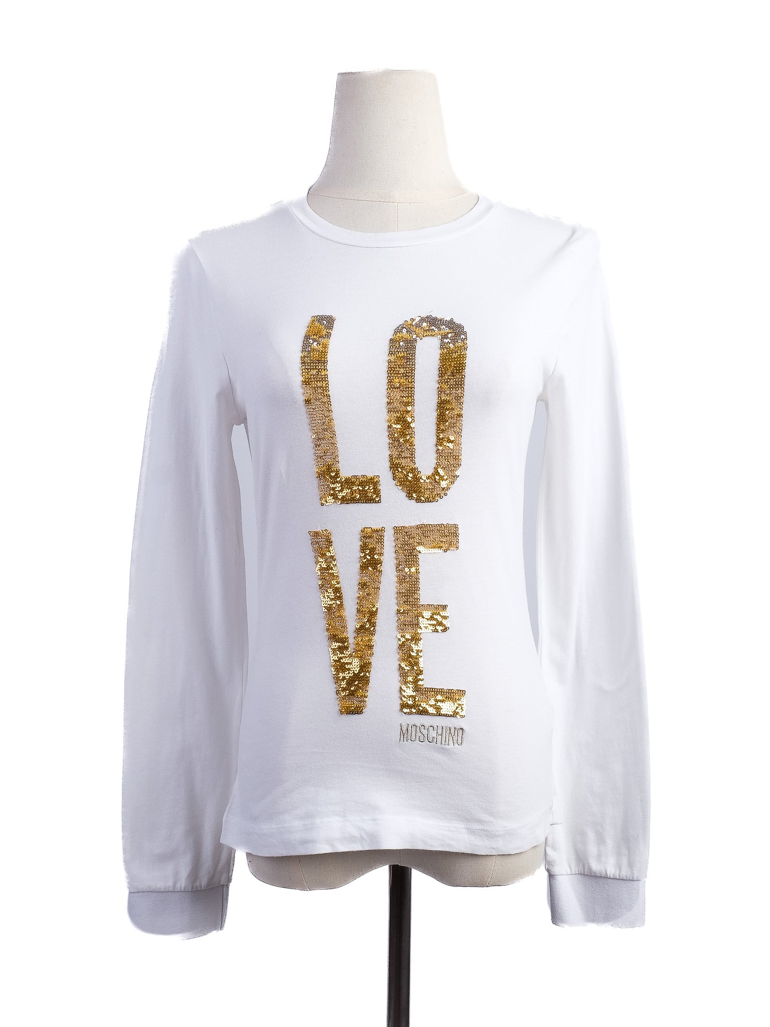 Excellent Moschino White Long Sleeve Shirt XS Gold Sequins LOVE