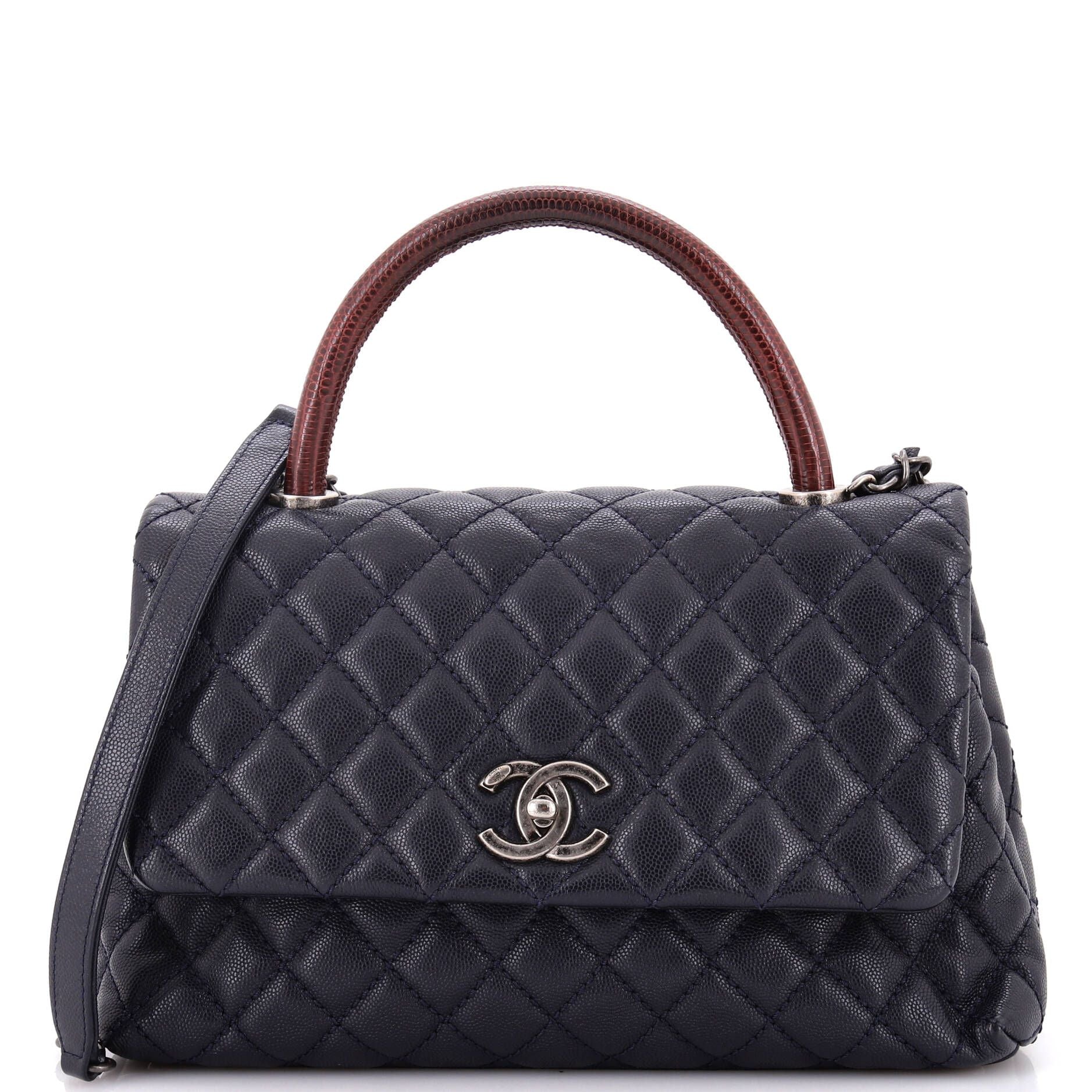 Chanel Coco Top Handle Bag Quilted Caviar With Lizard Small