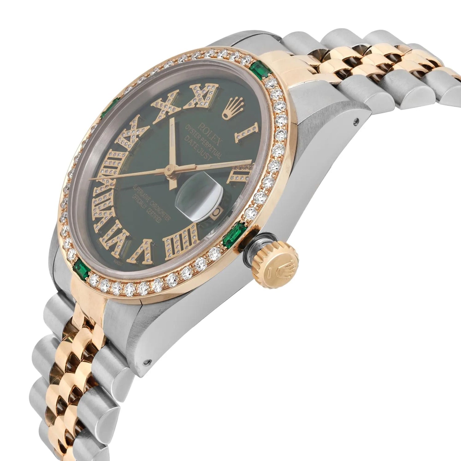Rolex Datejust 36mm Yellow Gold Steel Custom Gren Diamond Dial Bezel Watch 16233