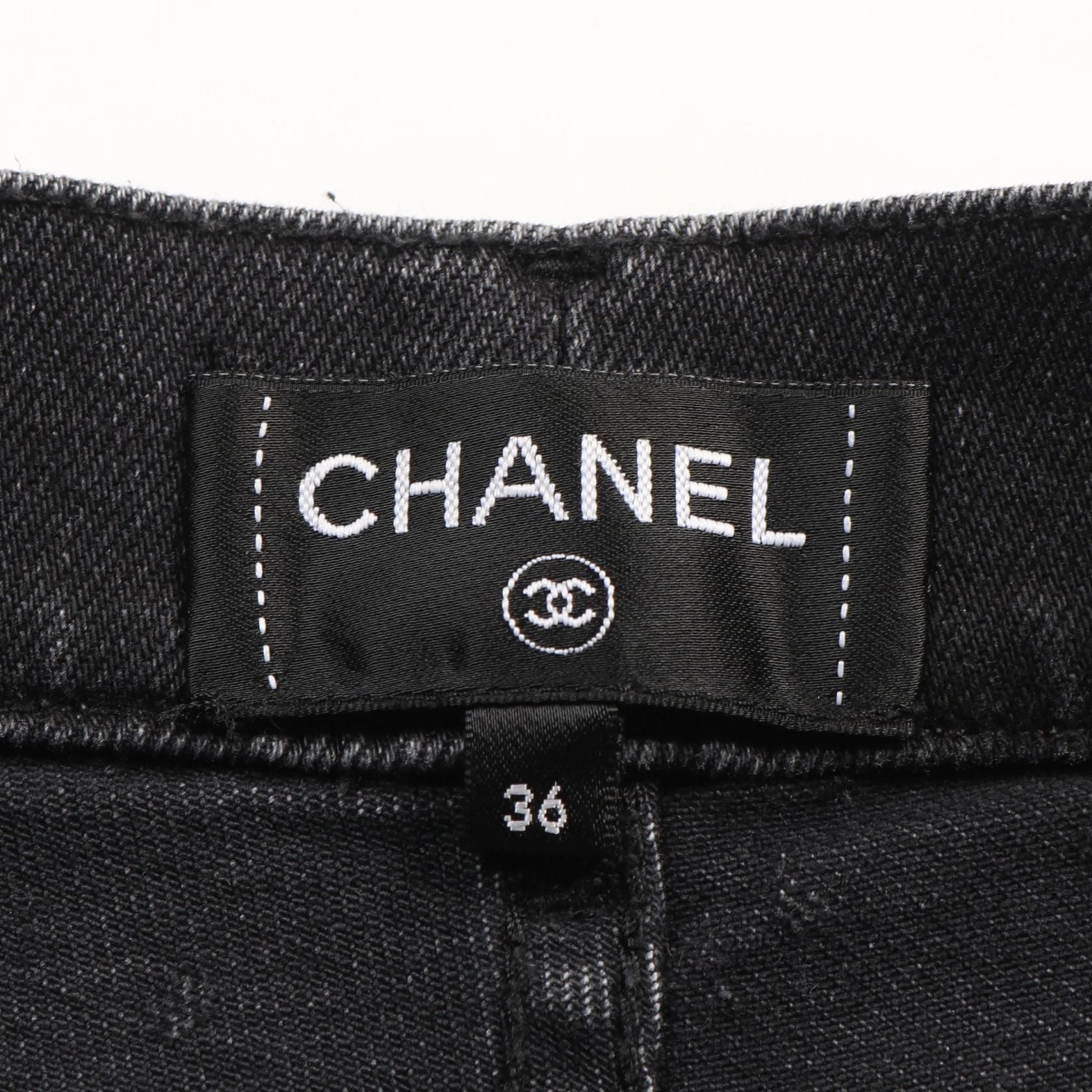 Chanel Black Coco Mark Dot Denim Pants Cotton Polyurethane P 74514v 66052