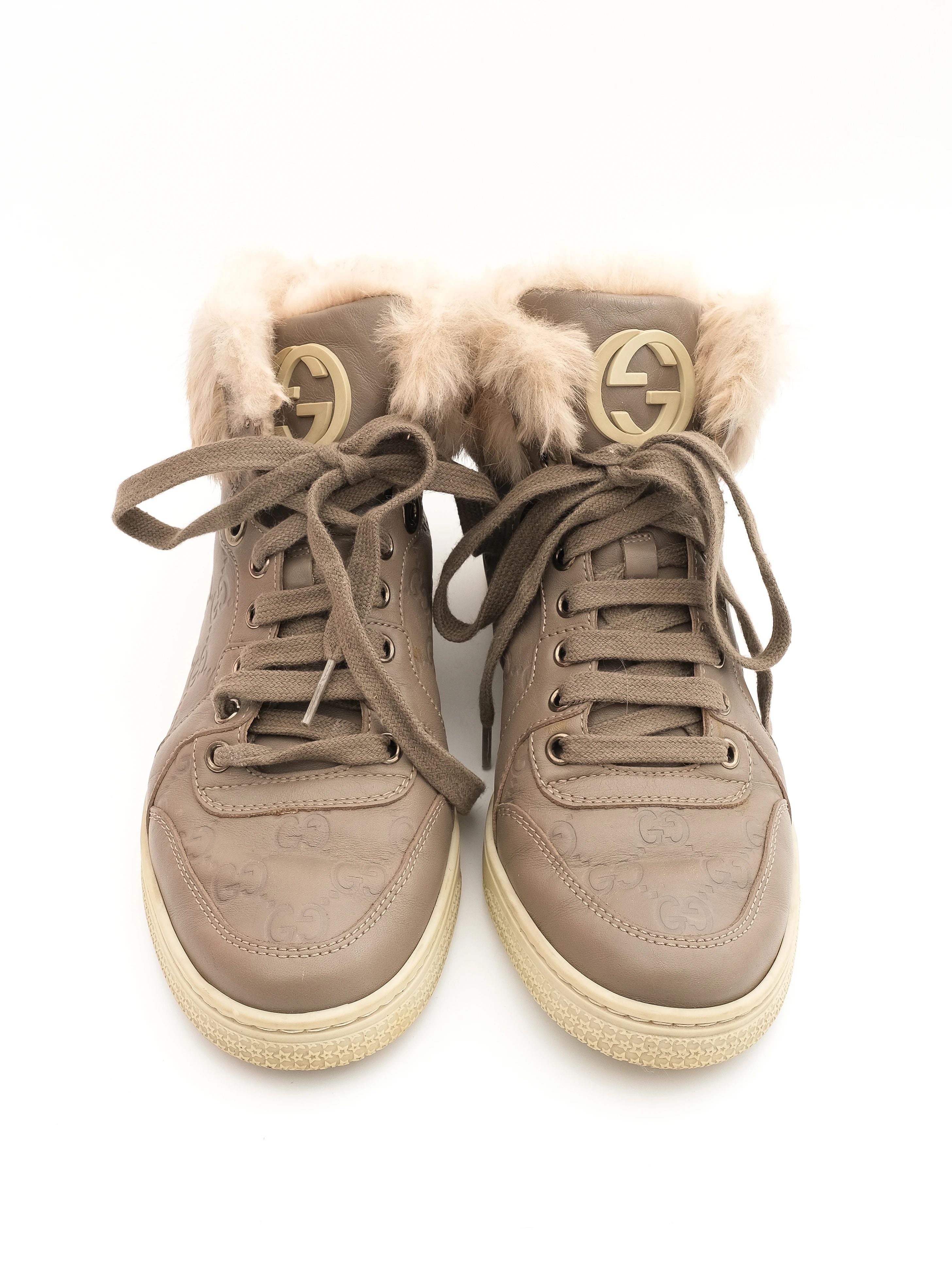 Excellent Gucci Gray Leather High-Top Sneakers with Fur Lining, Size 37