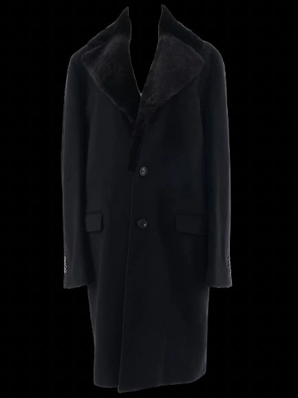 Excellent Smalto Black Cashmere Coat with Fur Collar Size XL