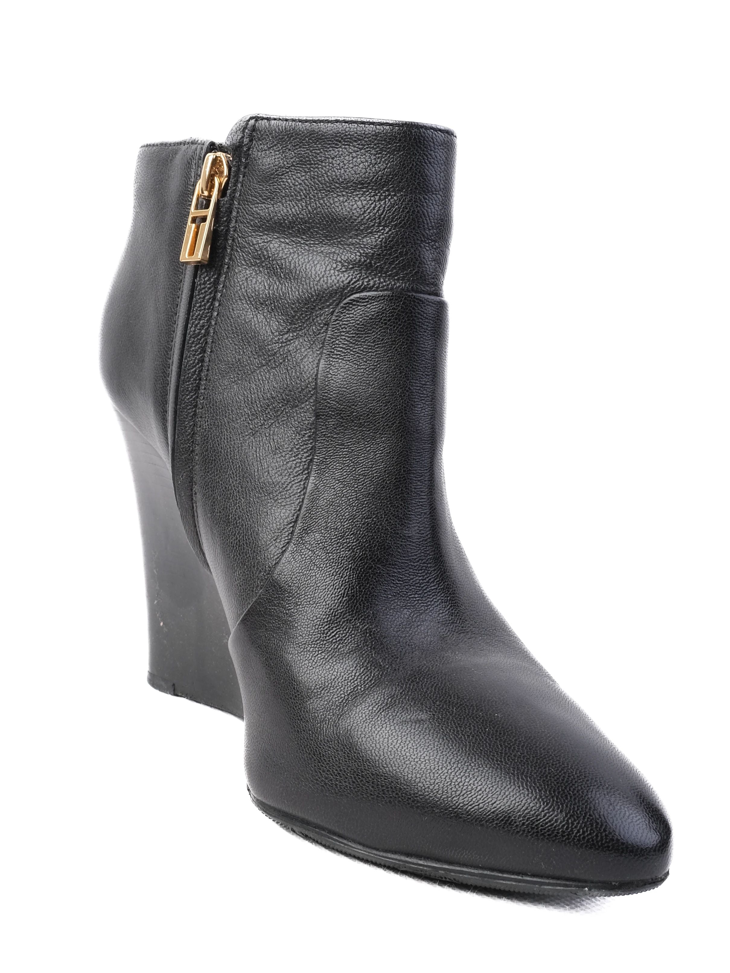 Excellent Tory Burch Black Leather Wedge Ankle Boots Size 40