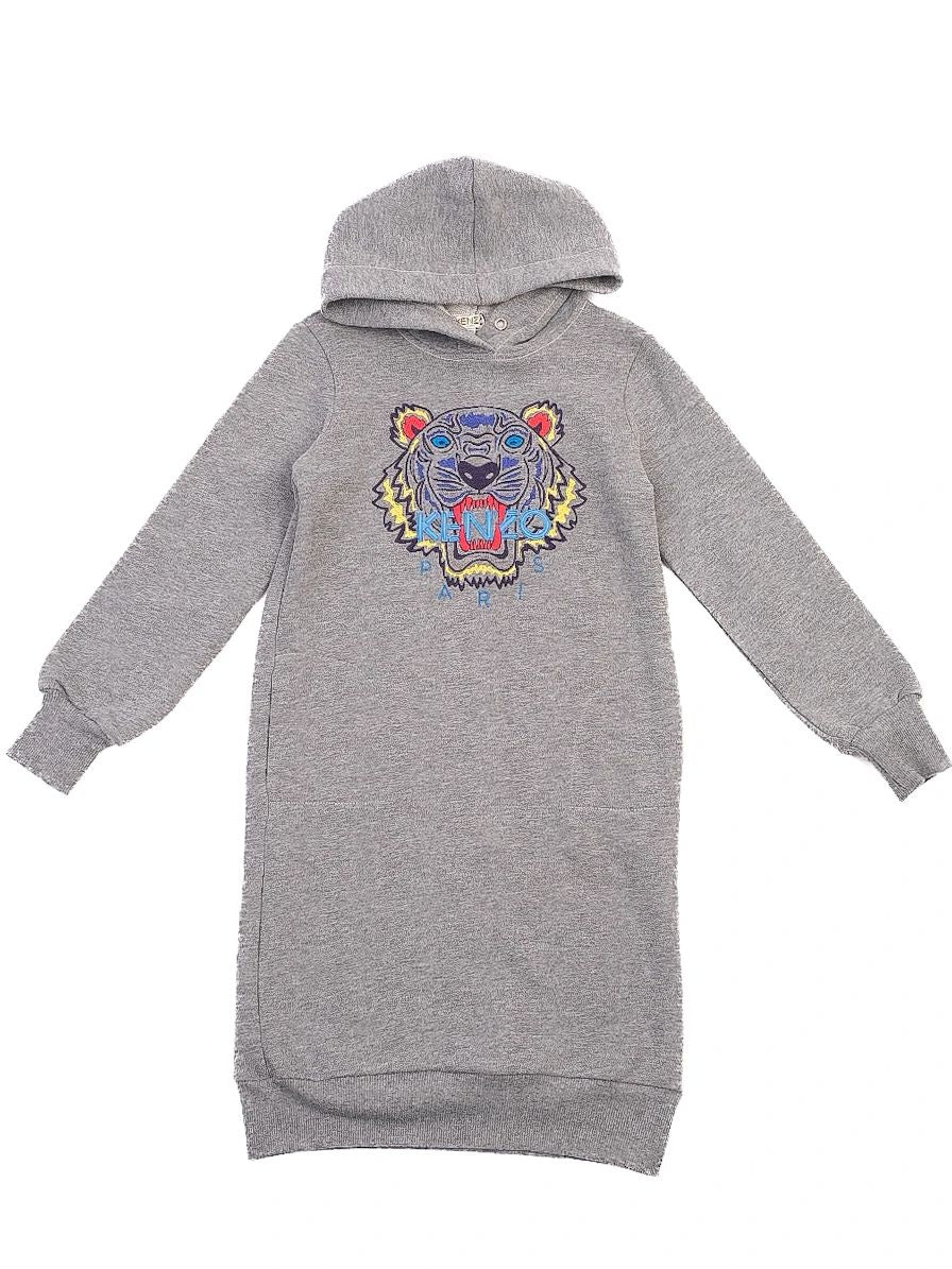 NEW Kenzo Kids Gray Hoodie Dress with Embroidered Tiger Design Size 13