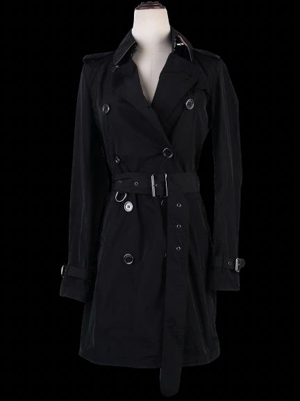 Excellent Burberry Black Trench Coat XS Polyester Double-Breasted