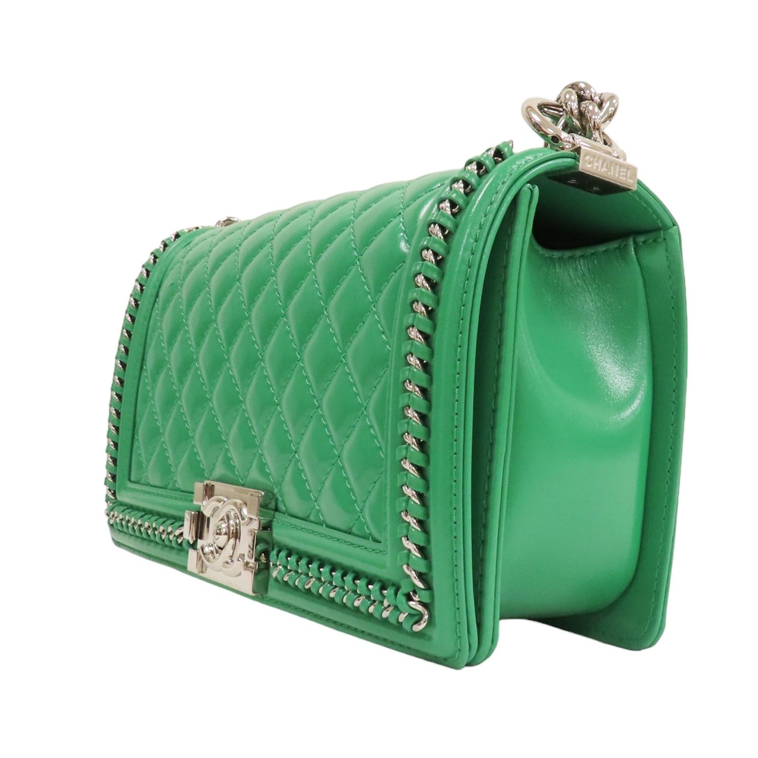 Chanel Matelasse Boy 25 Shoulder Bag Calfskin Green Sliver Tone Metal