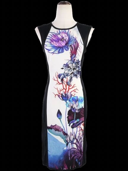 Excellent Roberto Cavalli Bodycon Dress M Floral Design Nylon