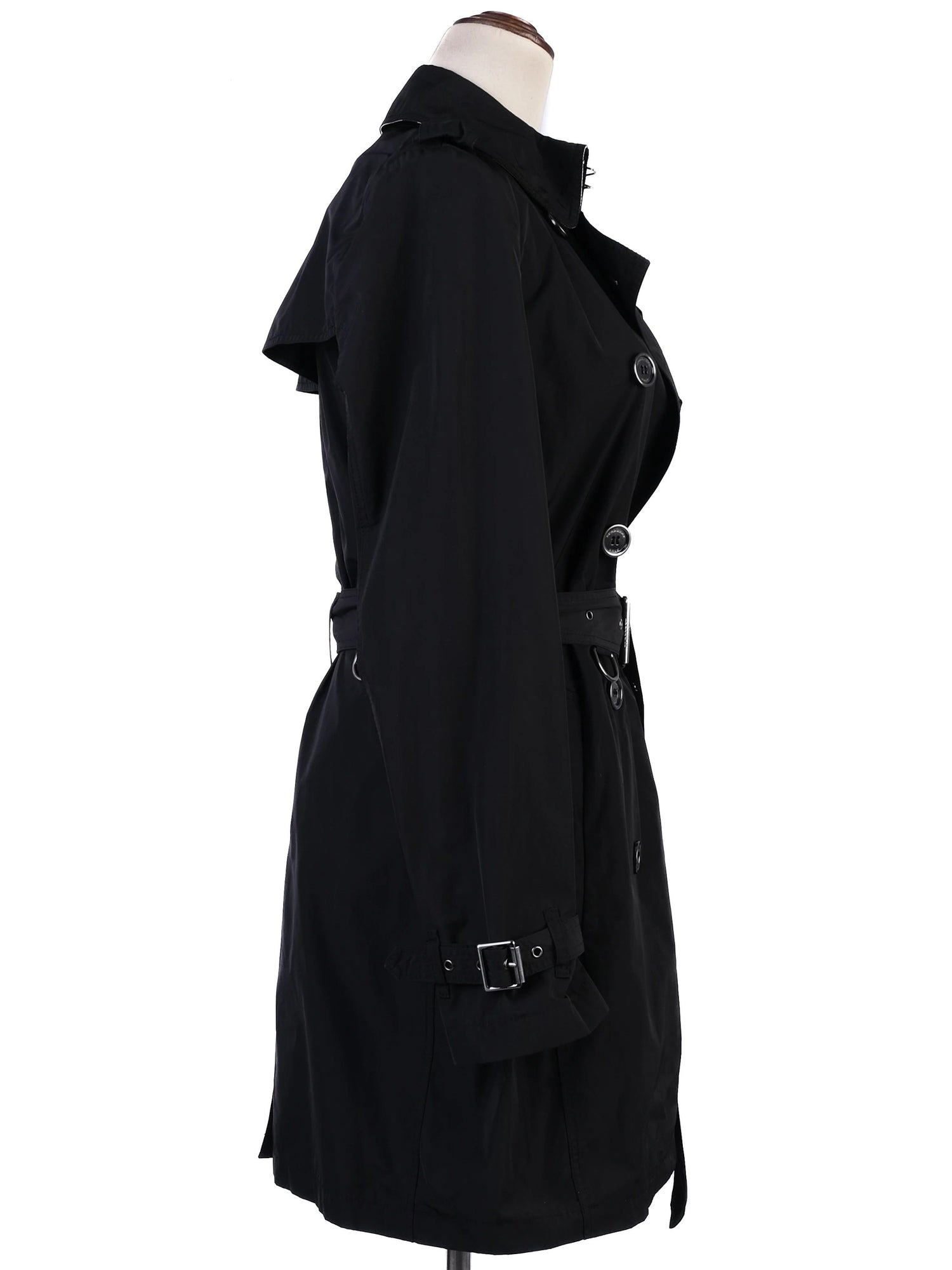Excellent Burberry Black Trench Coat XS Polyester Double-Breasted