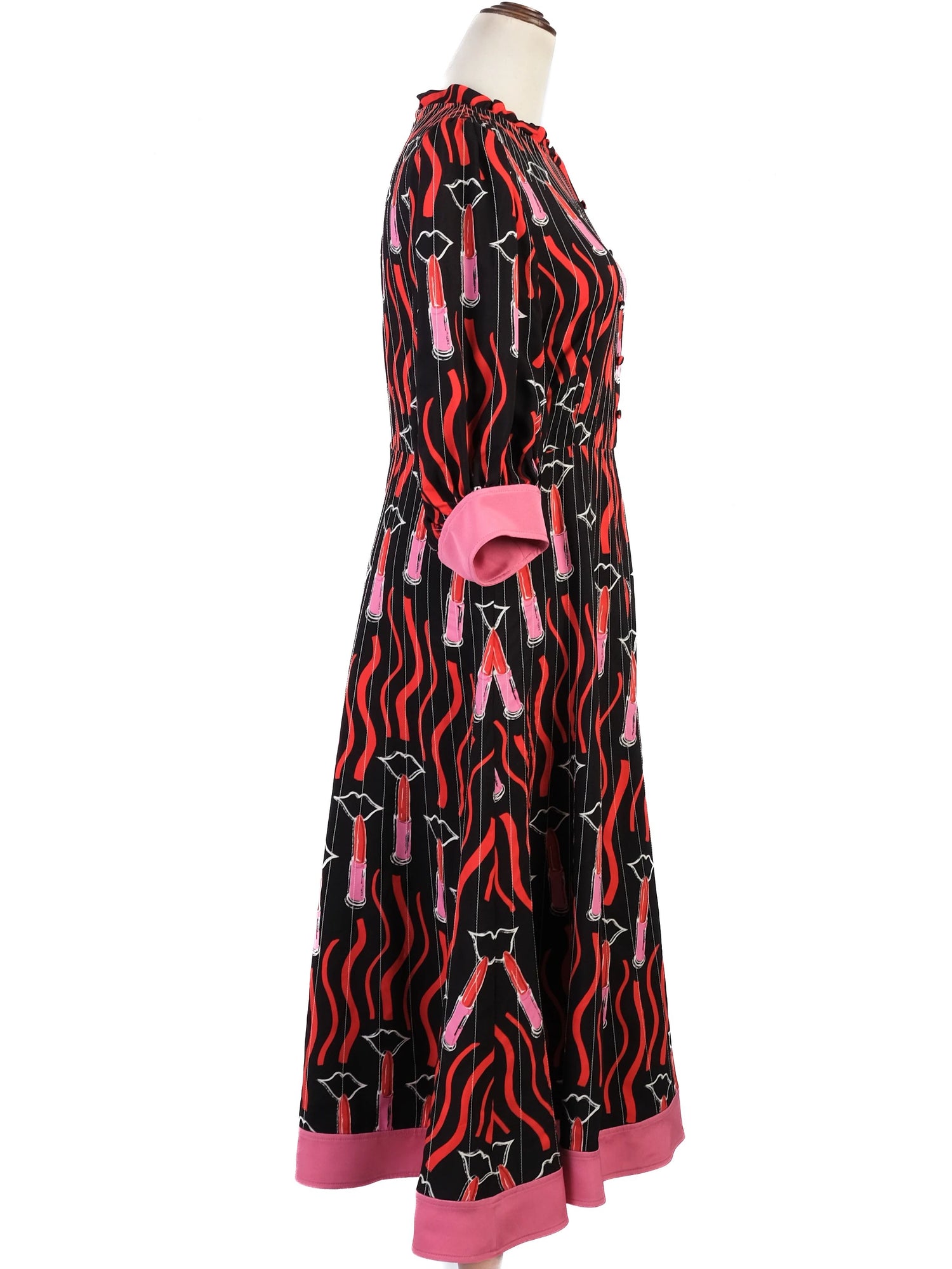 Excellent Valentino Black Dress with Vibrant Lipstick Print Size M