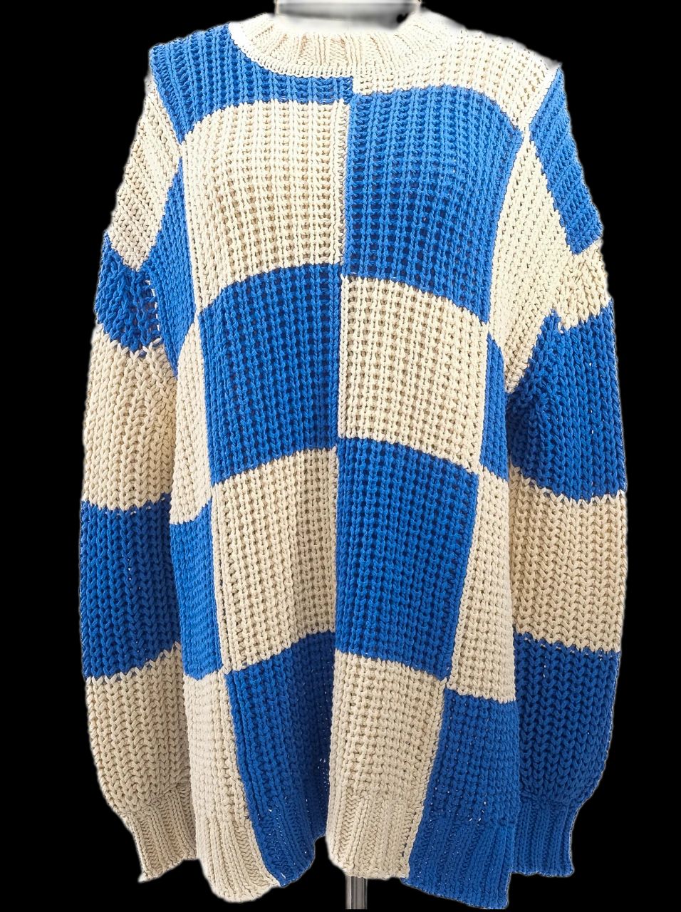 Excellent Jil Sander Chunky Knit Sweater Blue Beige Checkered XXL