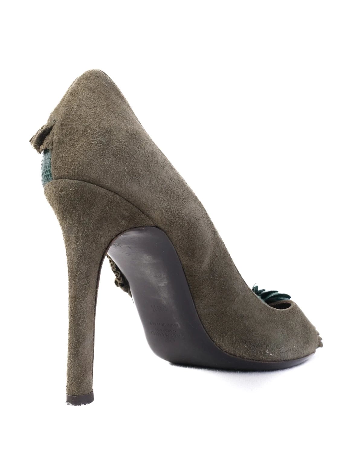 EXCELLENT Valentino Green Stiletto Heels Leather Open Toe Floral Embellishment