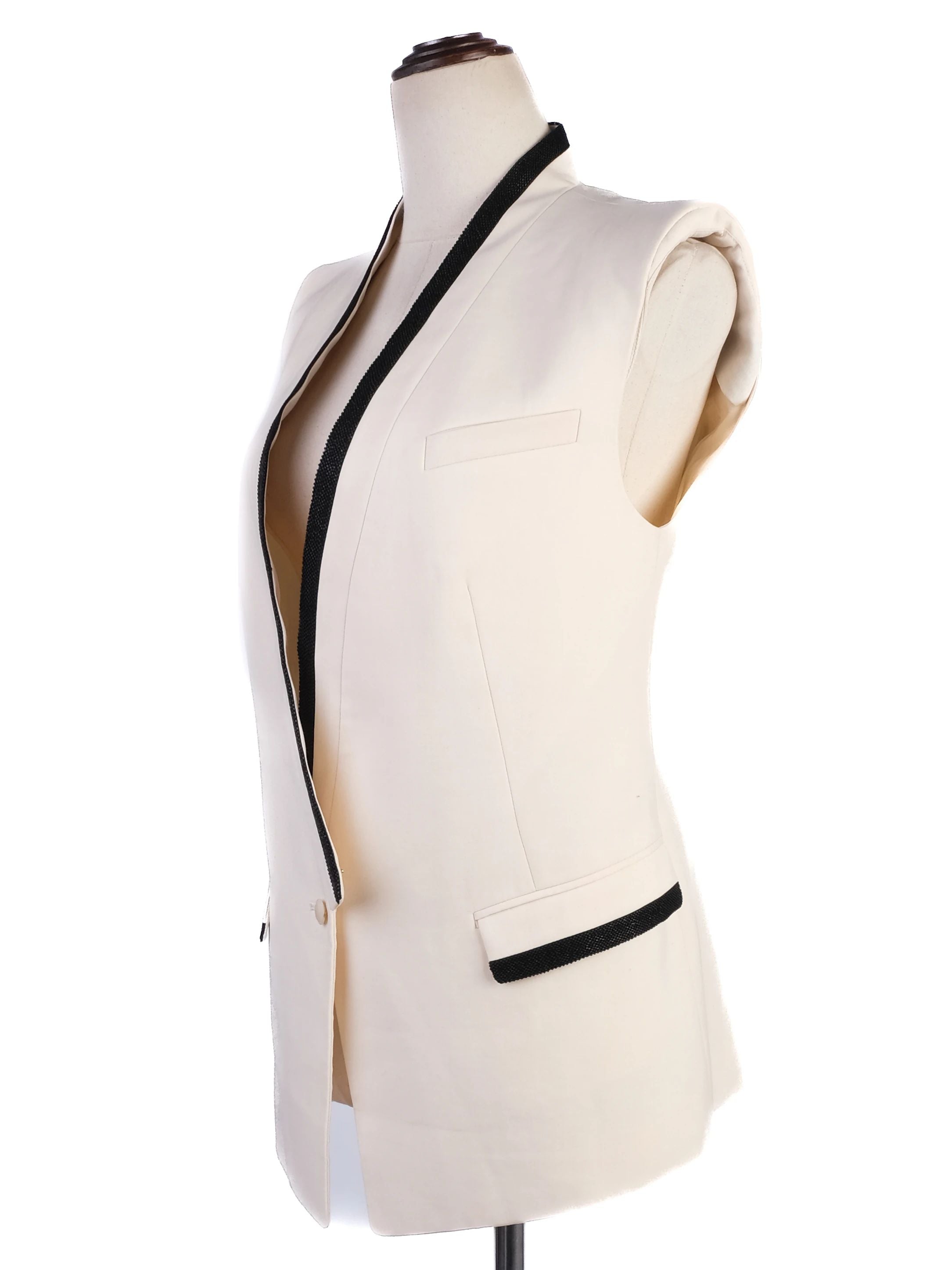 Excellent Roberto Cavalli White Wool Sleeveless Blazer with Black Trim