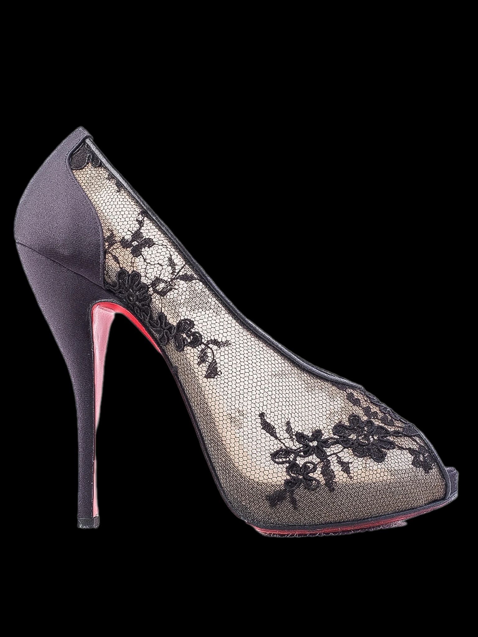 Excellent Christian Louboutin Black Lace Peep-Toe High Heels Size 37.5