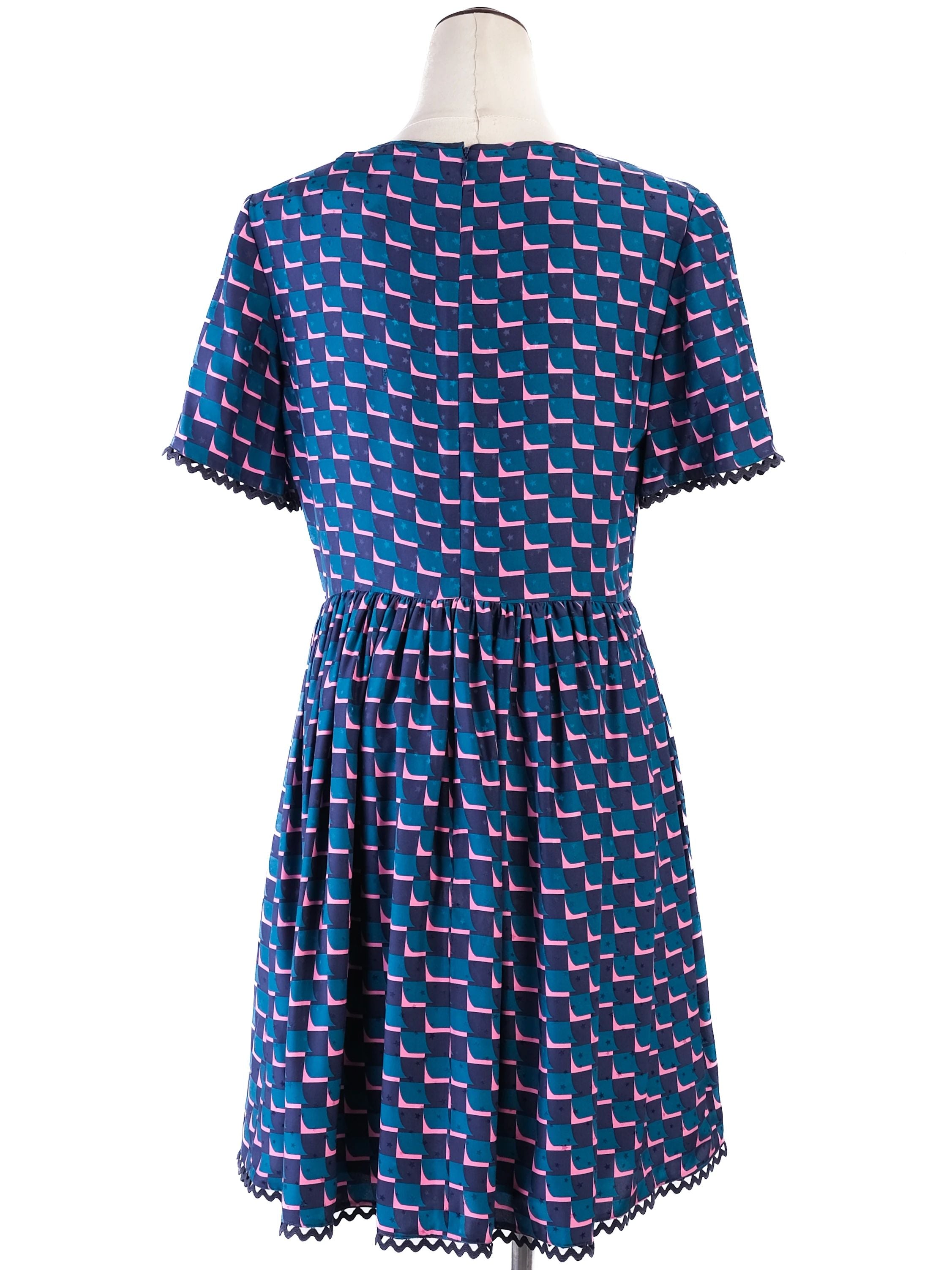 Excellent Kenzo Silk Dress Blue Pink Pattern Size L
