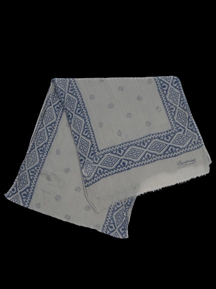 Excellent Bonpoint Geometric Patterned Scarf Cotton Gray Blue Design