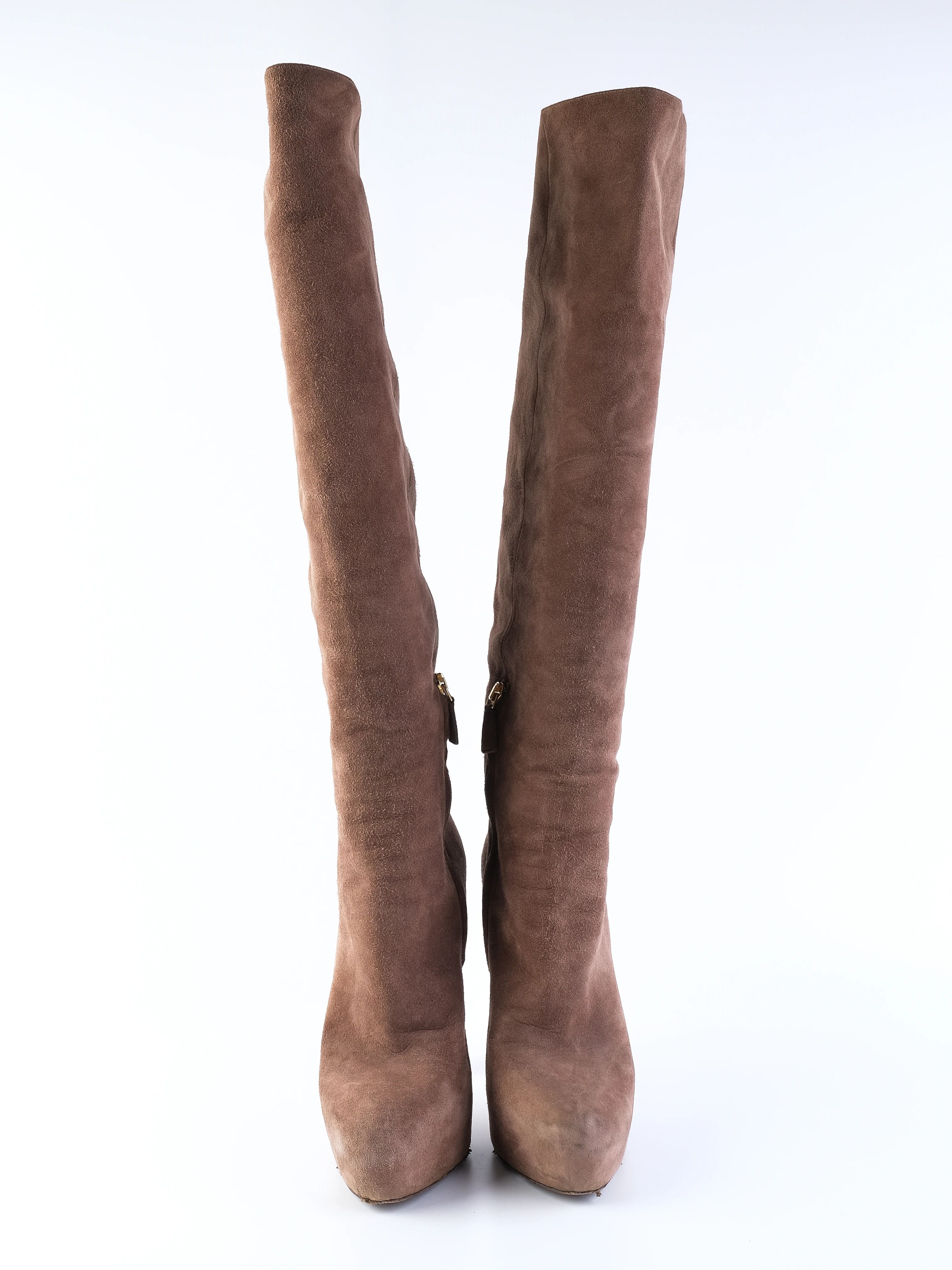 Excellent Prada High-Heeled Knee-High Boots Orange Leather Size 38