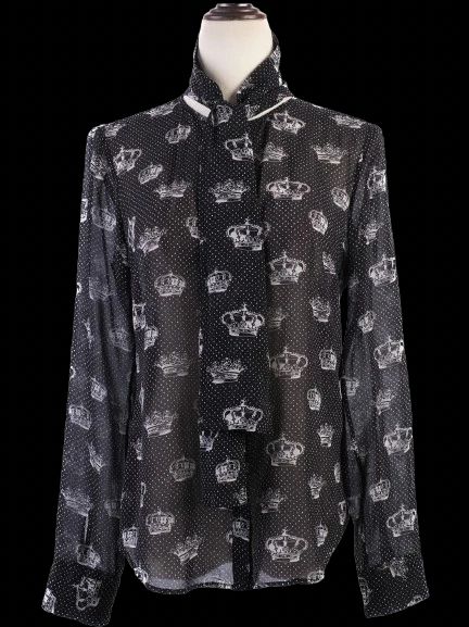 Excellent Red Valentino Black Silk Sheer Blouse with Crown Print