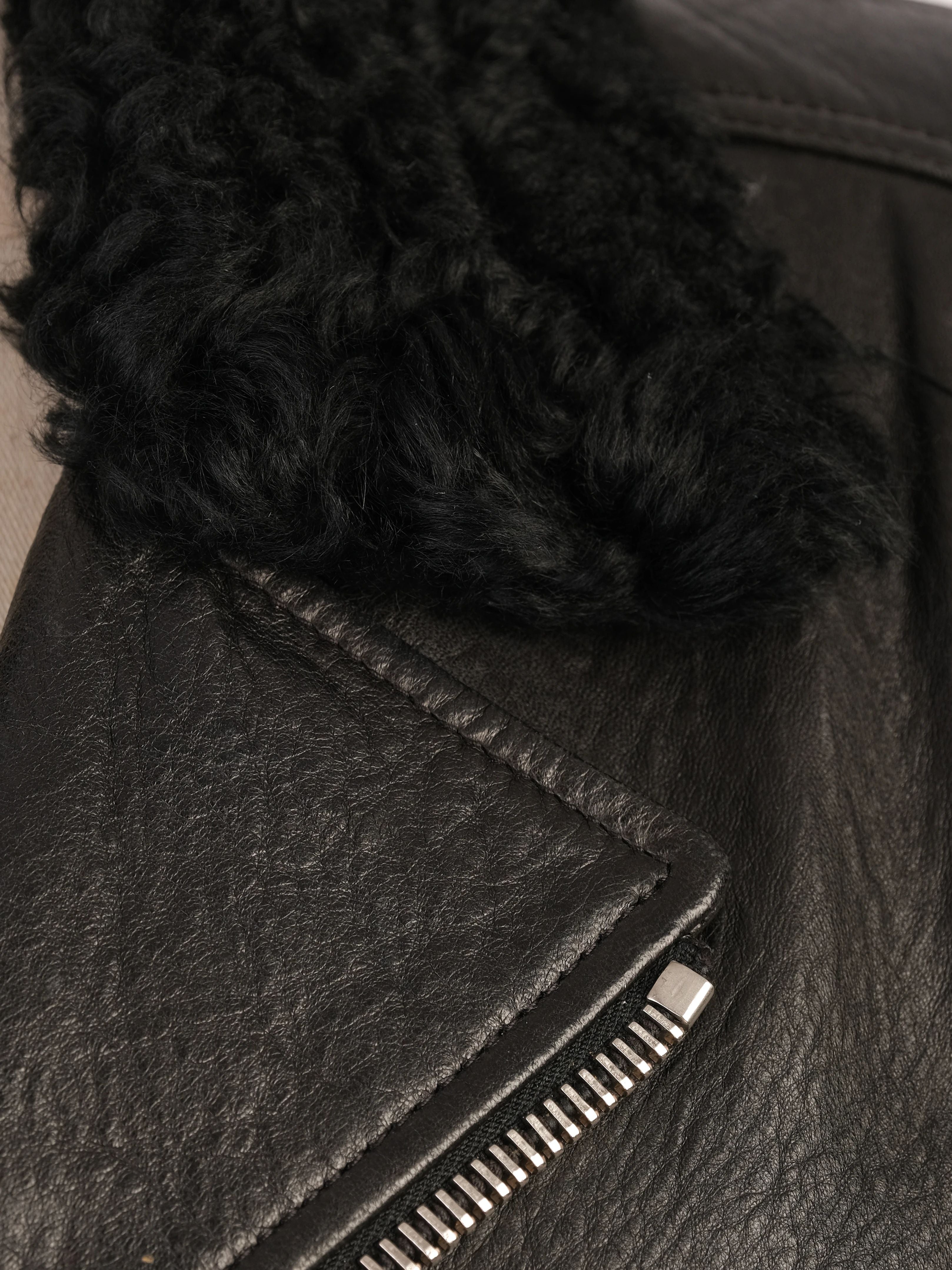Excellent Balenciaga Black Leather Jacket with Shearling Collar, Size S