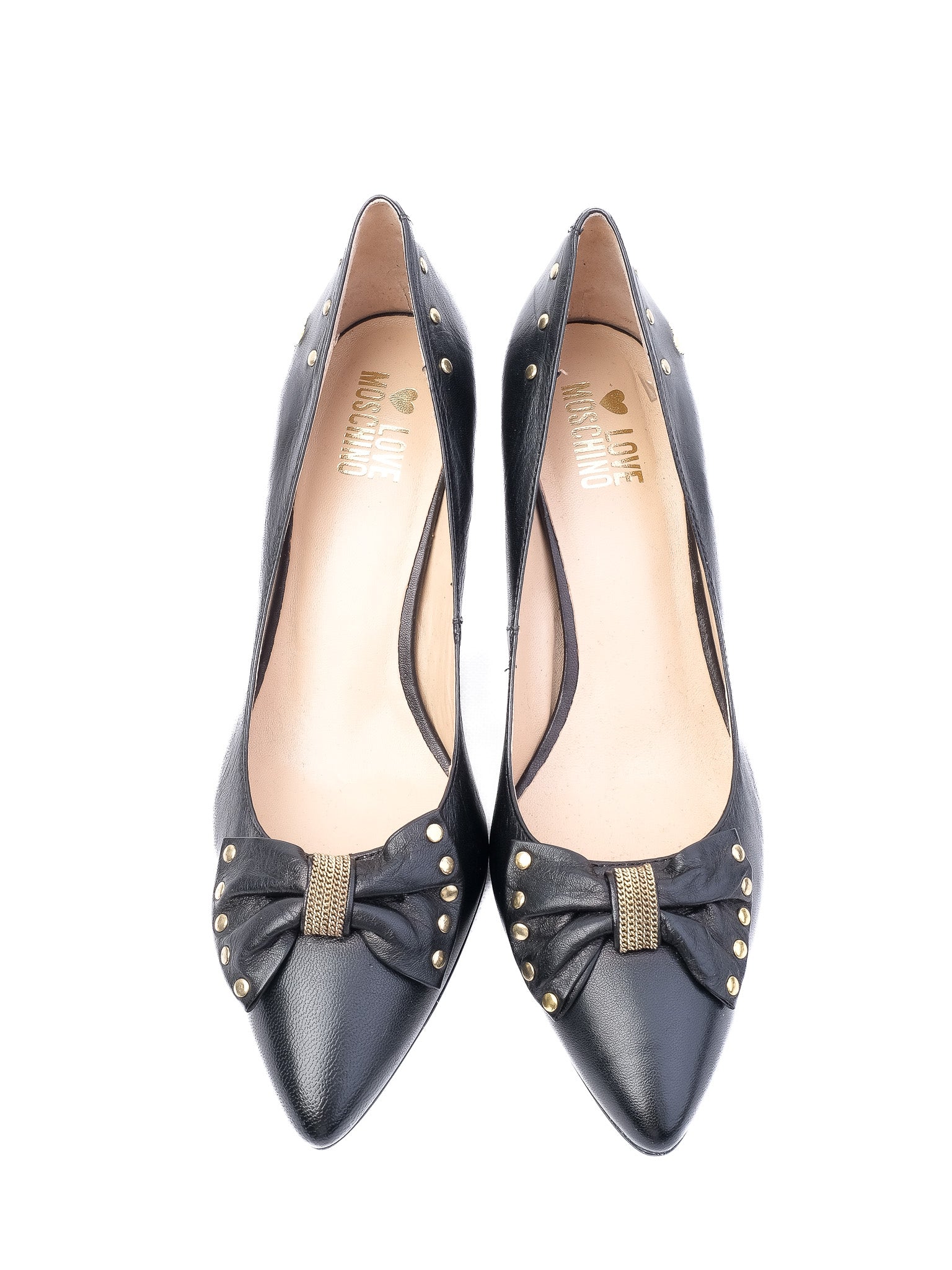 Perfect Moschino Black Leather High-Heeled Shoes Size 39 with Gold Accents