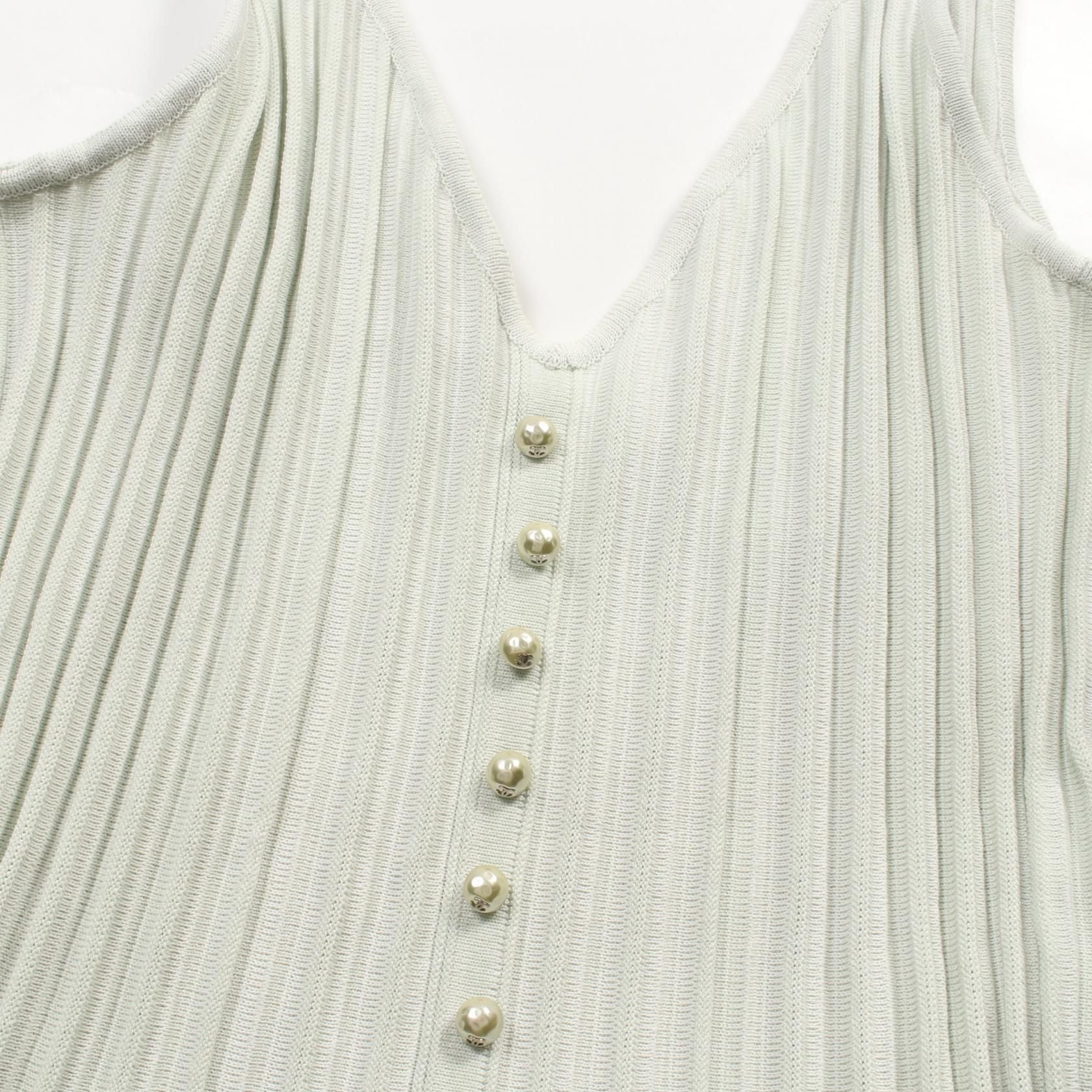 Chanel Coco Mark Pearl Button Dress P 43879k 04503 Cotton Rayon Green