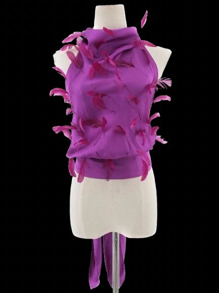Excellent The Attico Purple Silk Top with Feathers, Size M