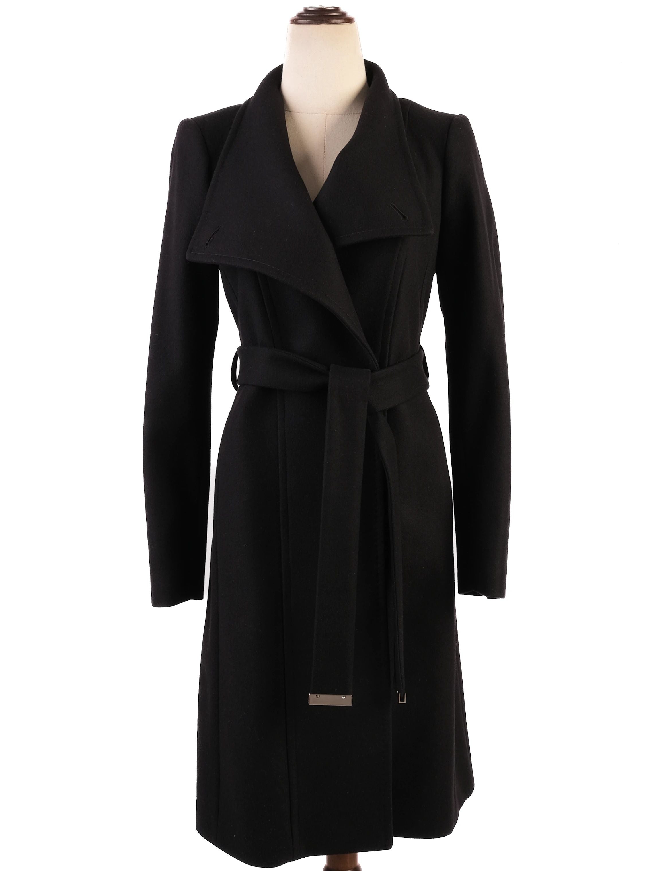 NEW Ted Baker Black Wool Coat XS with Lapel and Waist Tie