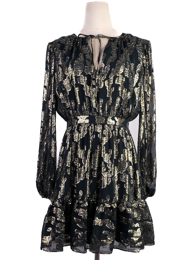 Cynthia Rowley Black Dress Size M Gold Floral Pattern Excellent Condition