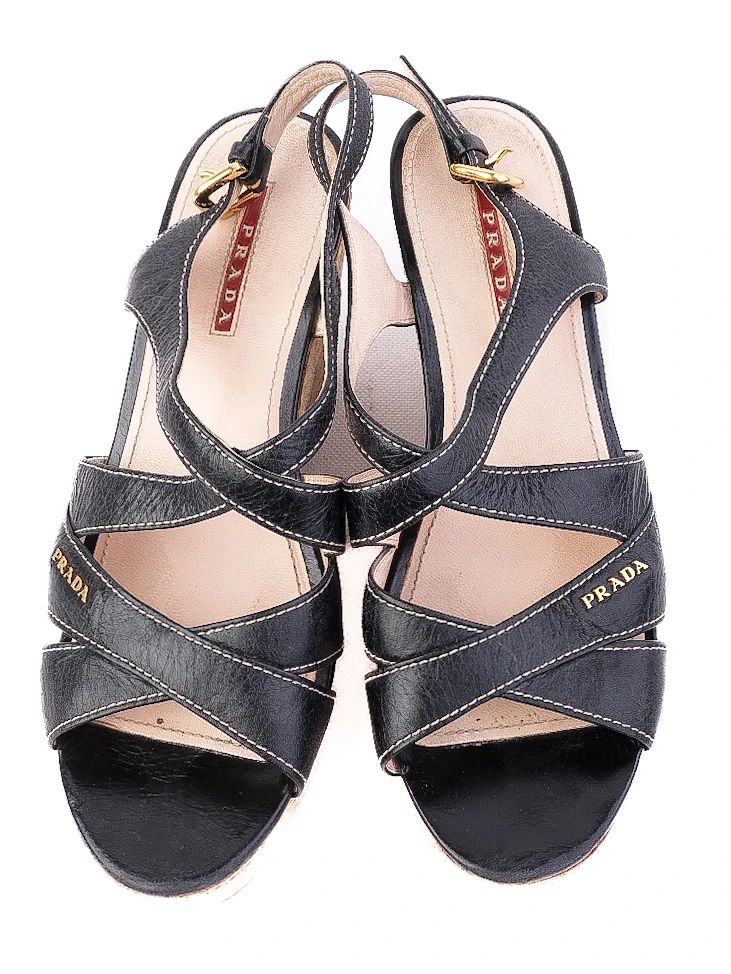 Excellent Prada Black Leather Wedge Sandals Size 38.5 with Cork Platform