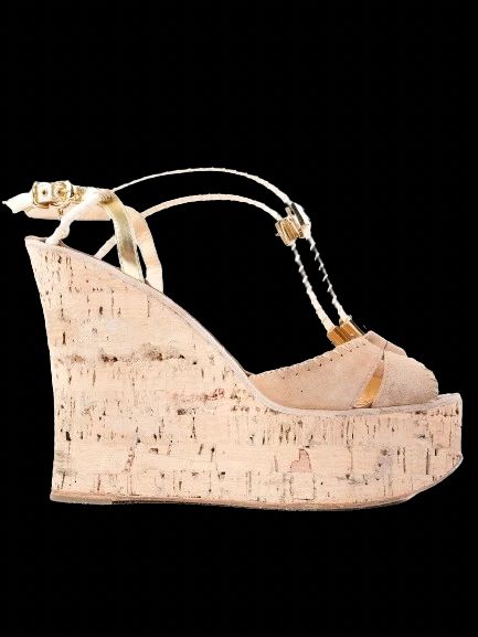 Excellent Fabi White Leather Cork Wedge Sandals Size 38 with Gold Accents