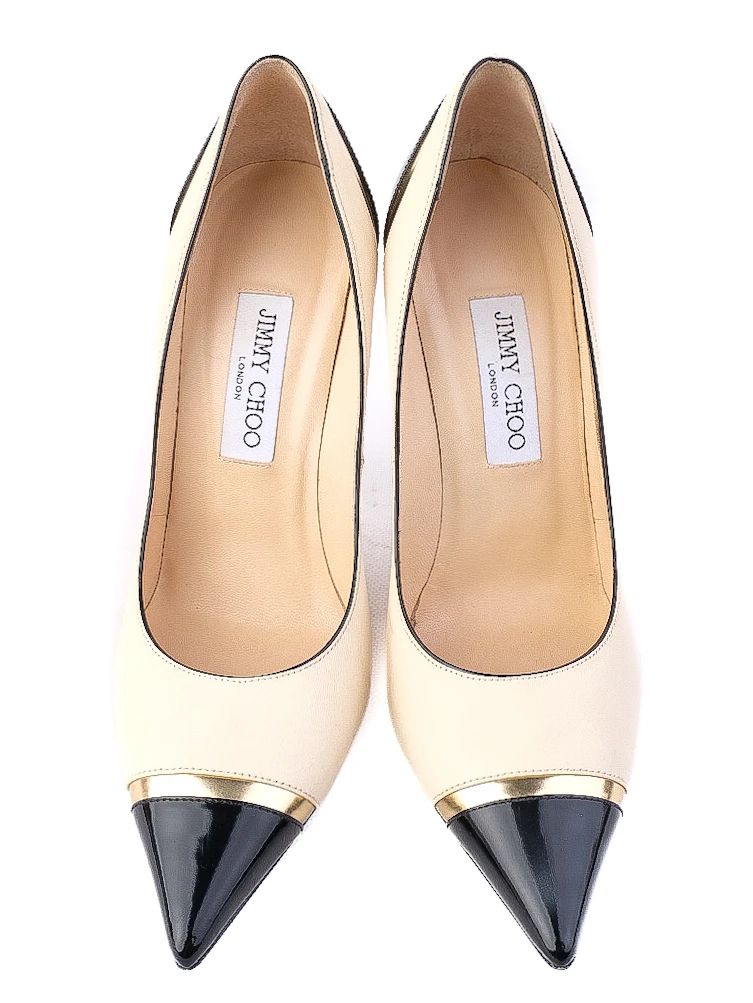 Excellent Jimmy Choo High-Heeled Shoes Black Beige Leather Size 39