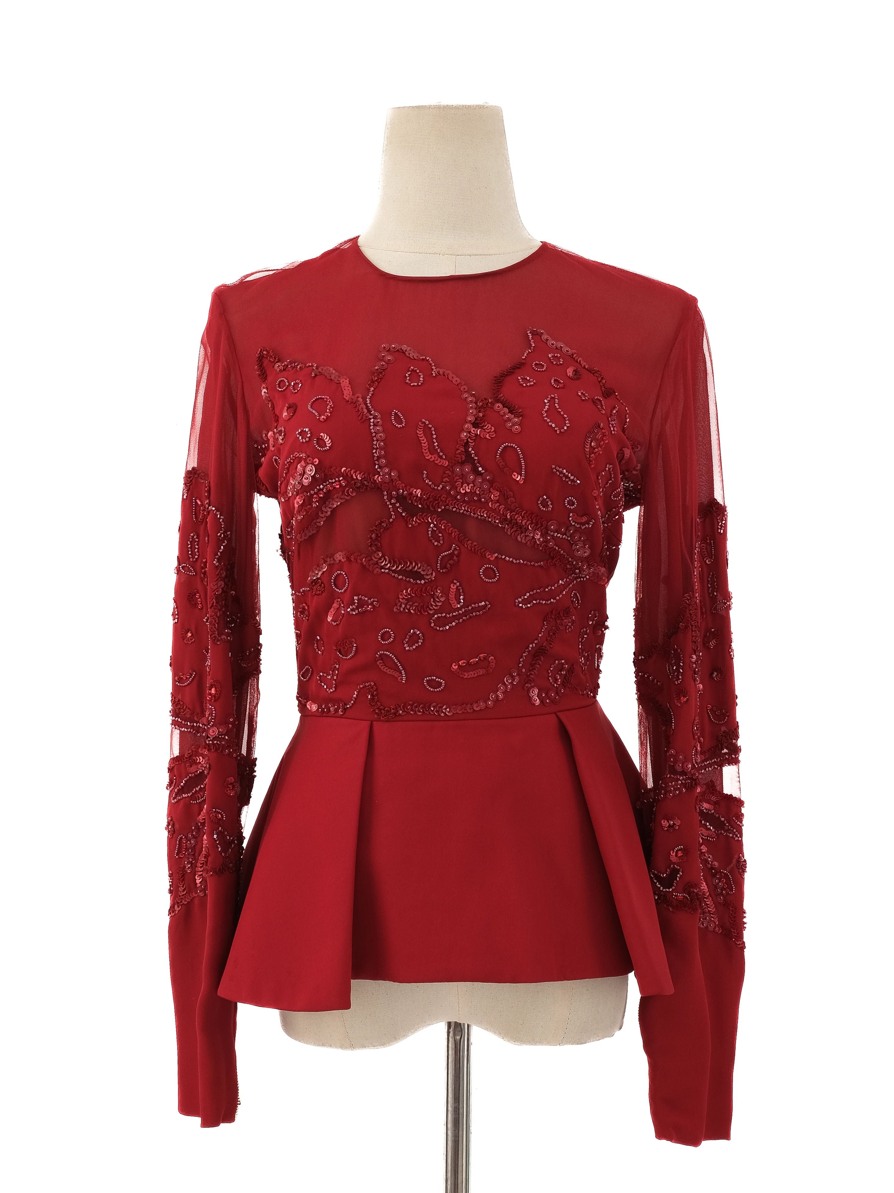 Excellent Elie Saab Red Silk Peplum Blouse Size S with Bead Embellishments
