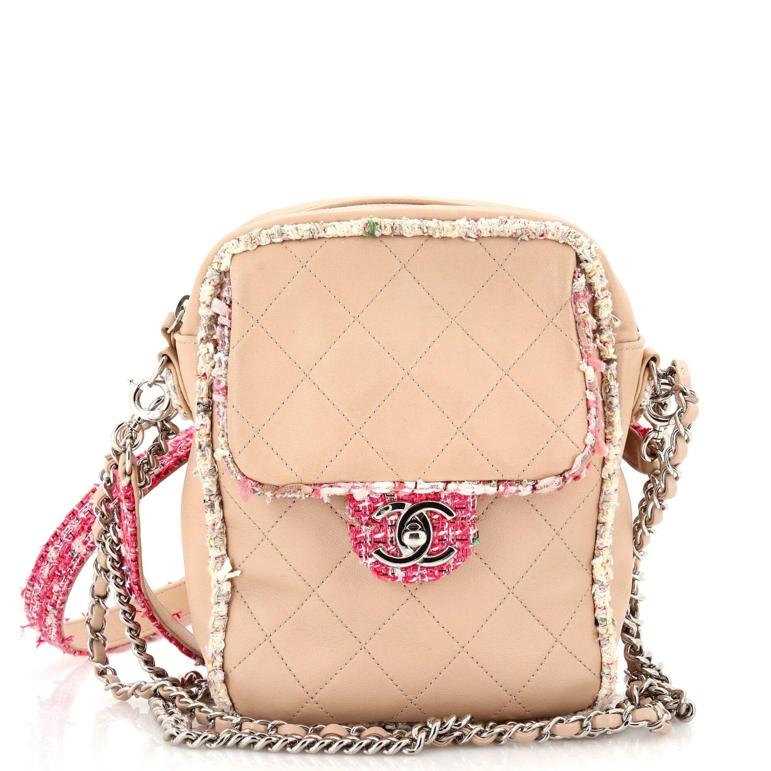 Chanel Elegant Trim Single Flap Bag Quilted Lambskin With Tweed Vertical