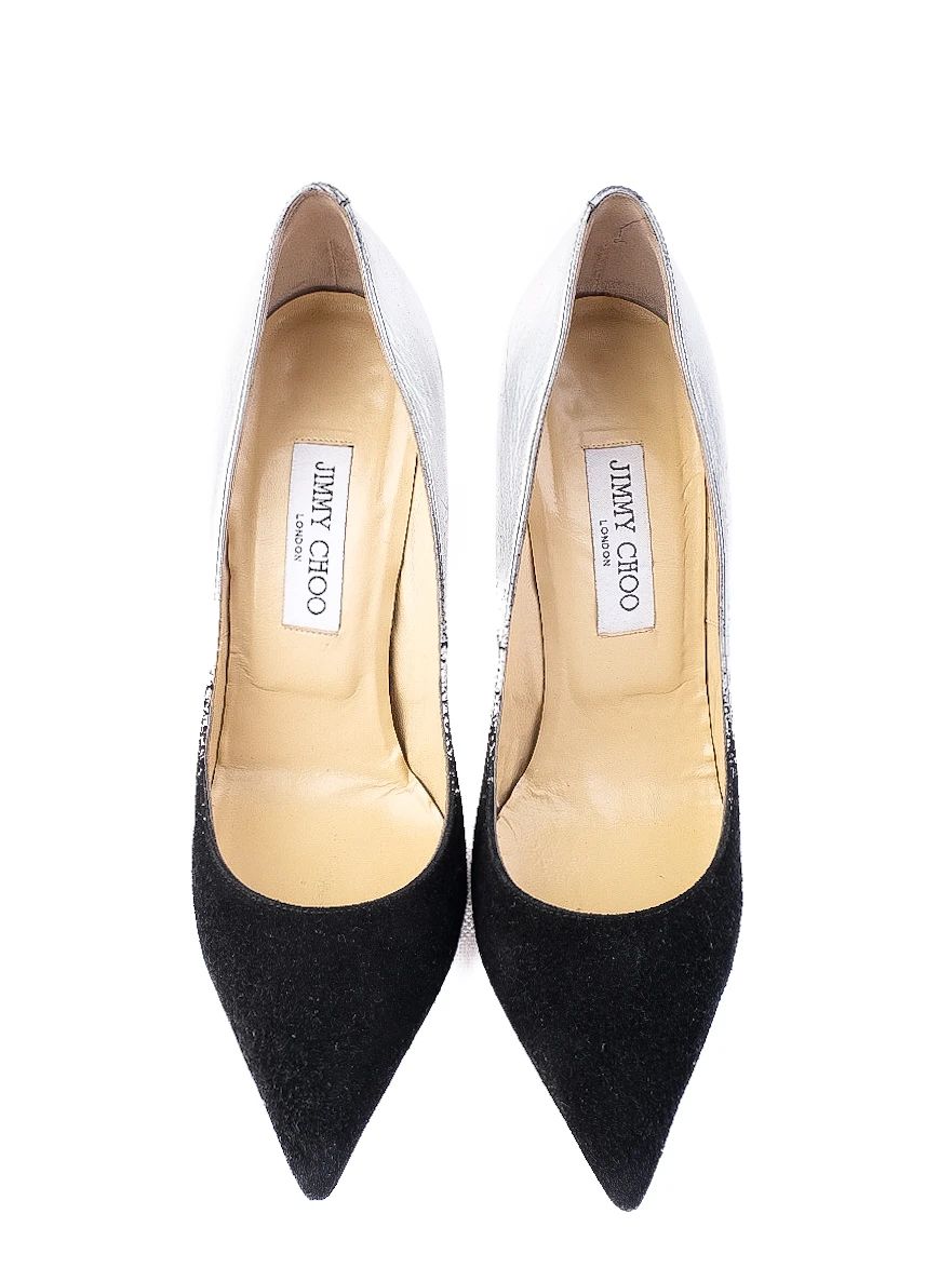 Excellent Jimmy Choo Black Silver High-Heeled Shoes Leather Women&